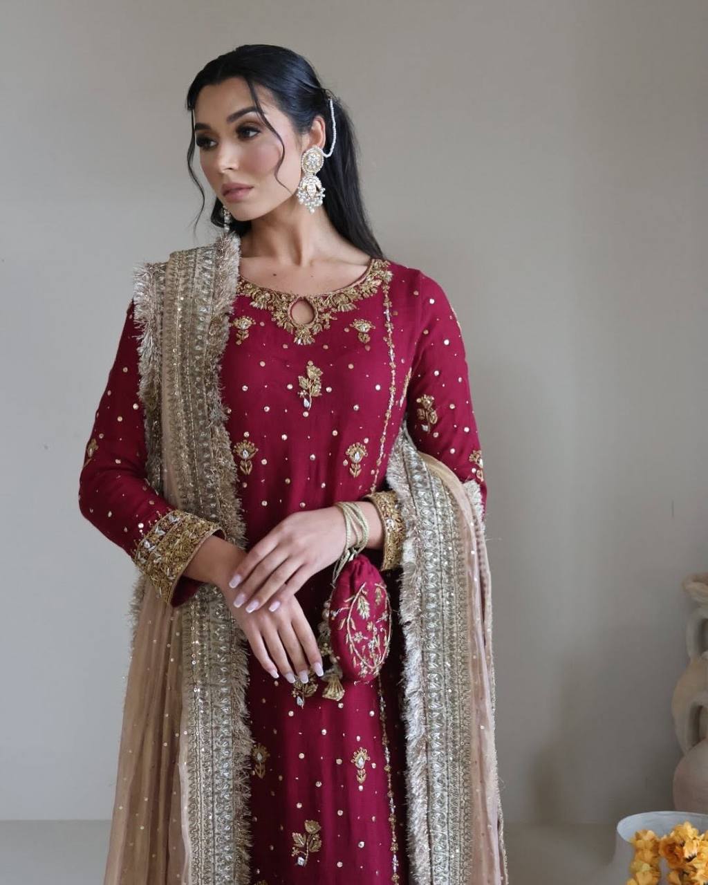 Red Faux Georgette 5mm Embroidery Sequence Work Top, Pant & Dupatta Set