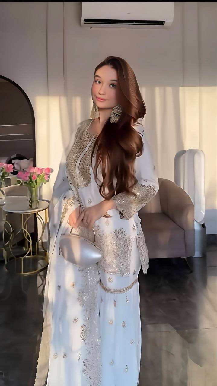 Chinnon Silk Embroidered White Sharara Suit with Dupatta