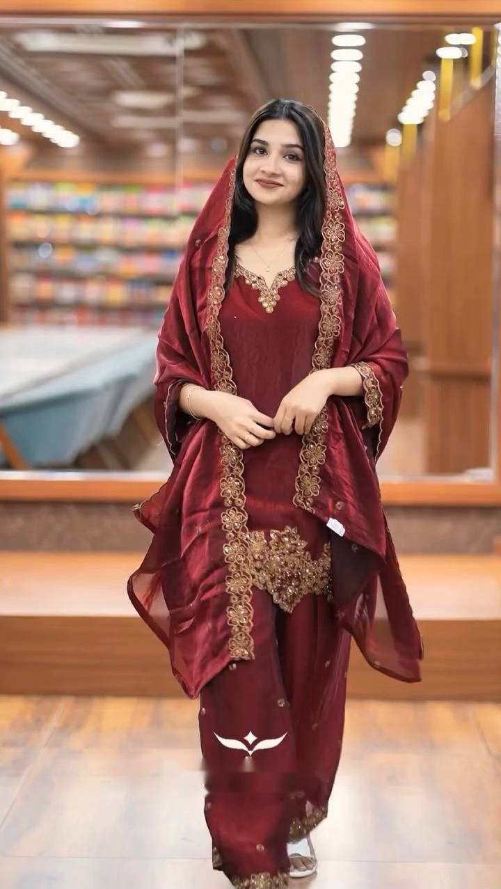 Maroon Jimmy Choo Silk Embroidered Suit with Dupatta