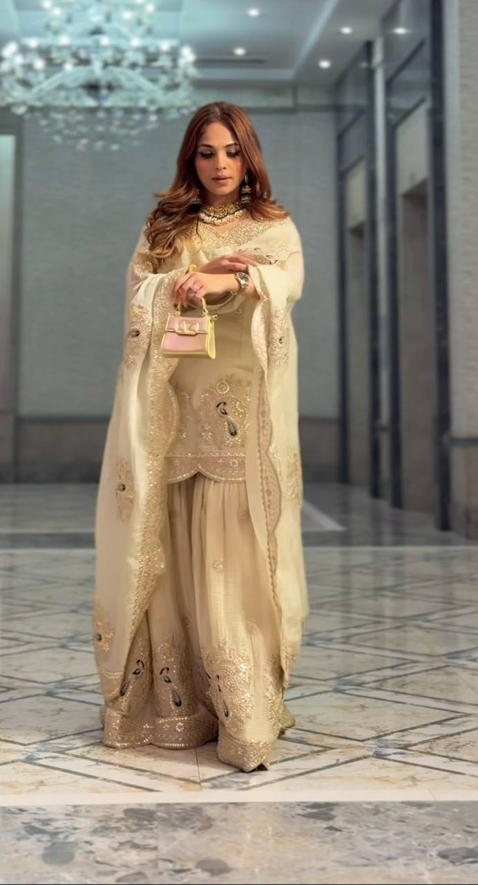 Cream Chinnon Silk Embroidered Suit with Dupatta