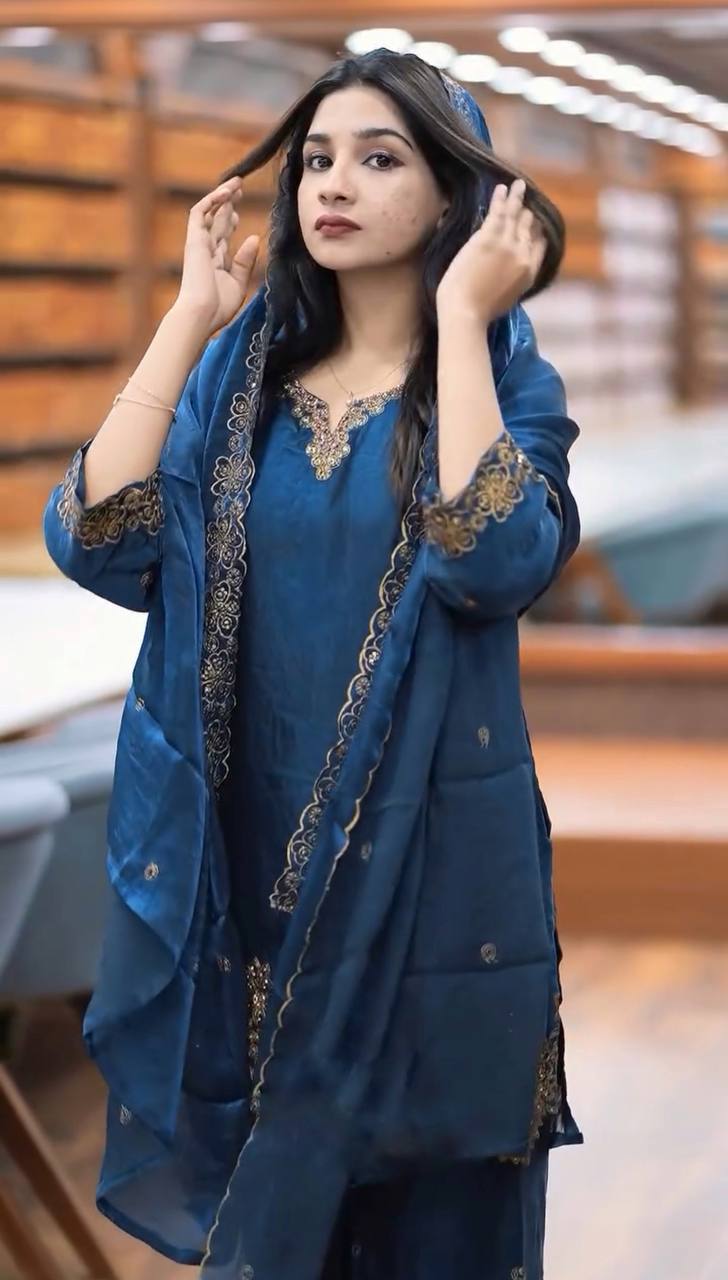 Blue Jimmy Choo Silk Embroidered Suit with Dupatta