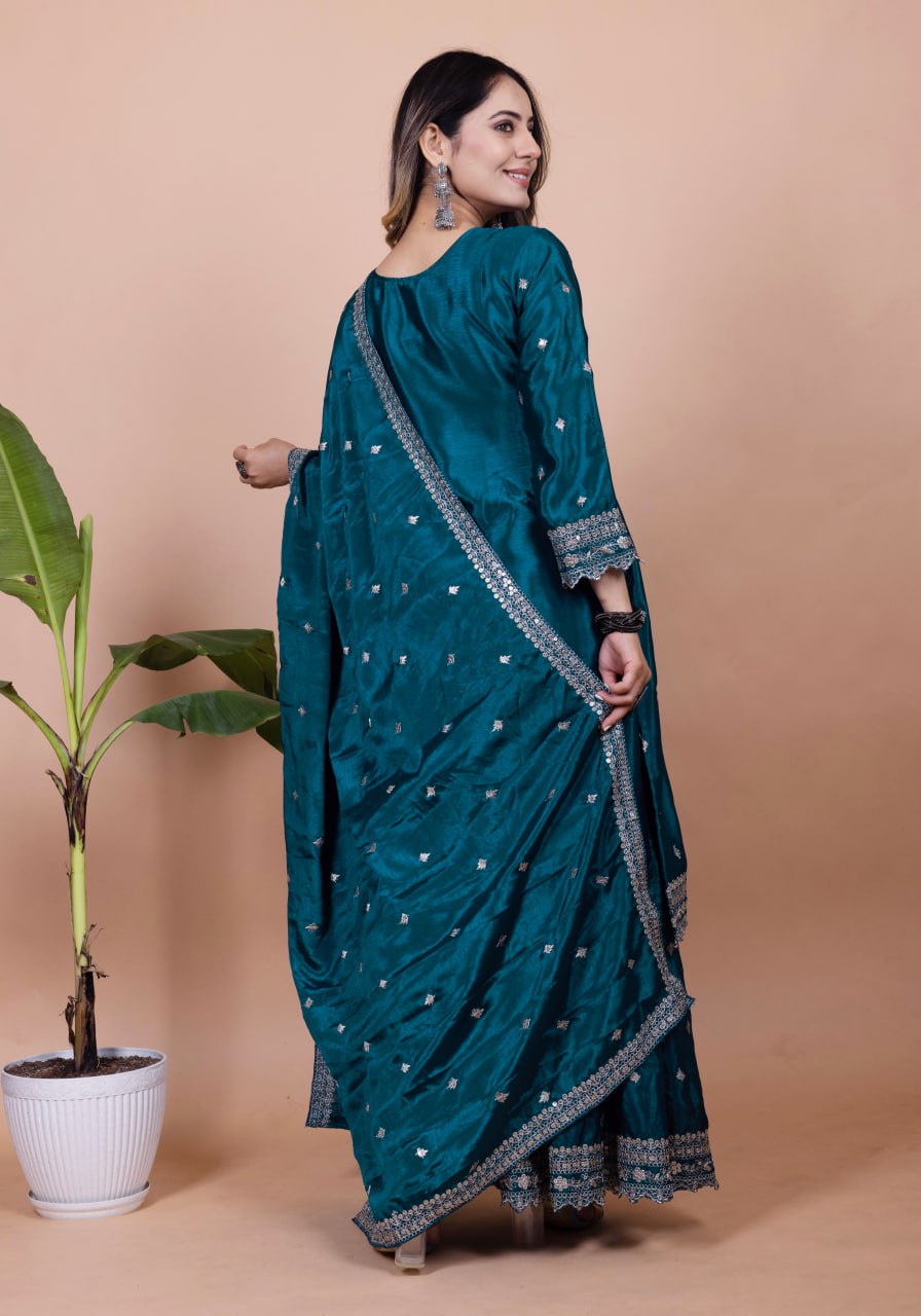 Firozi Blue Chinon Sharara Suit with Heavy Sequence Embroidery