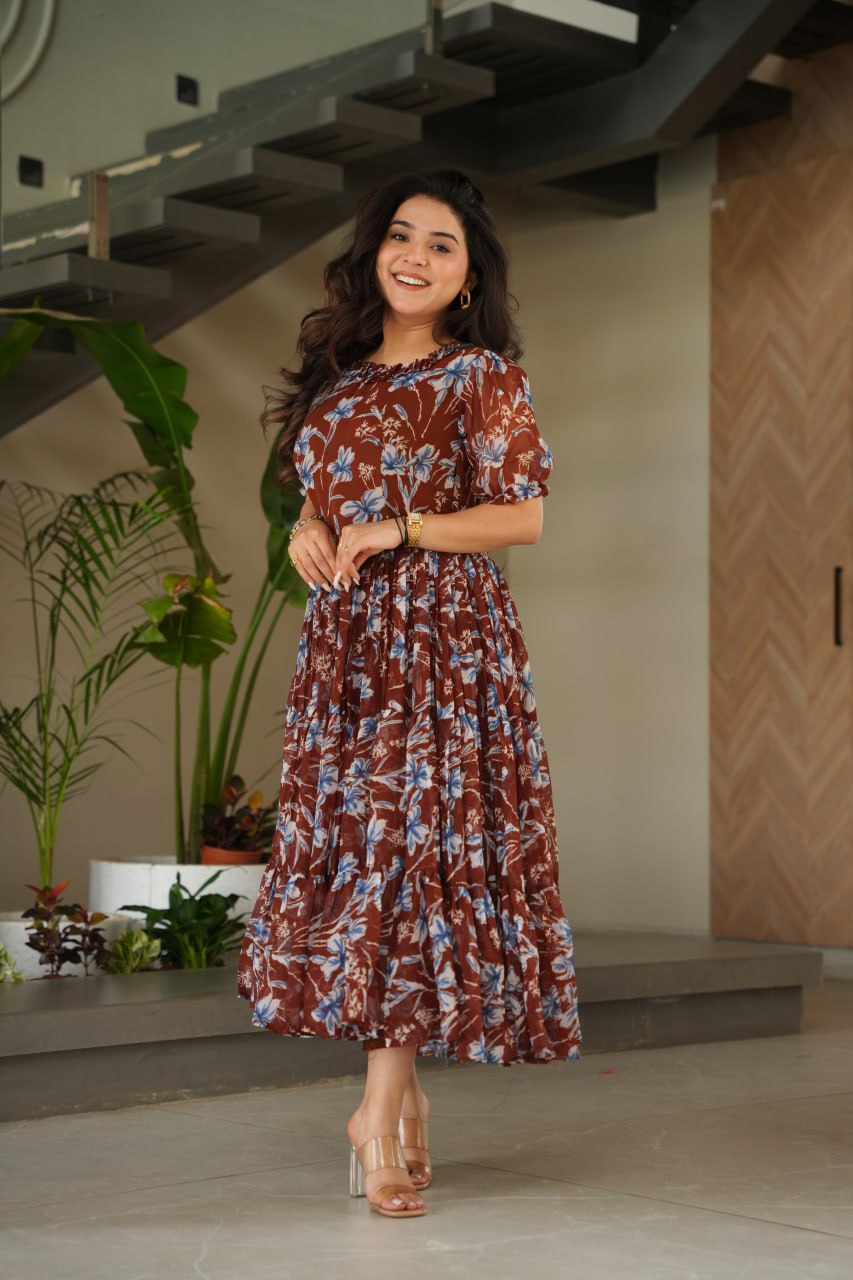 Brown Printed Faux Georgette Gown with Cotton Lining & Fancy Neck