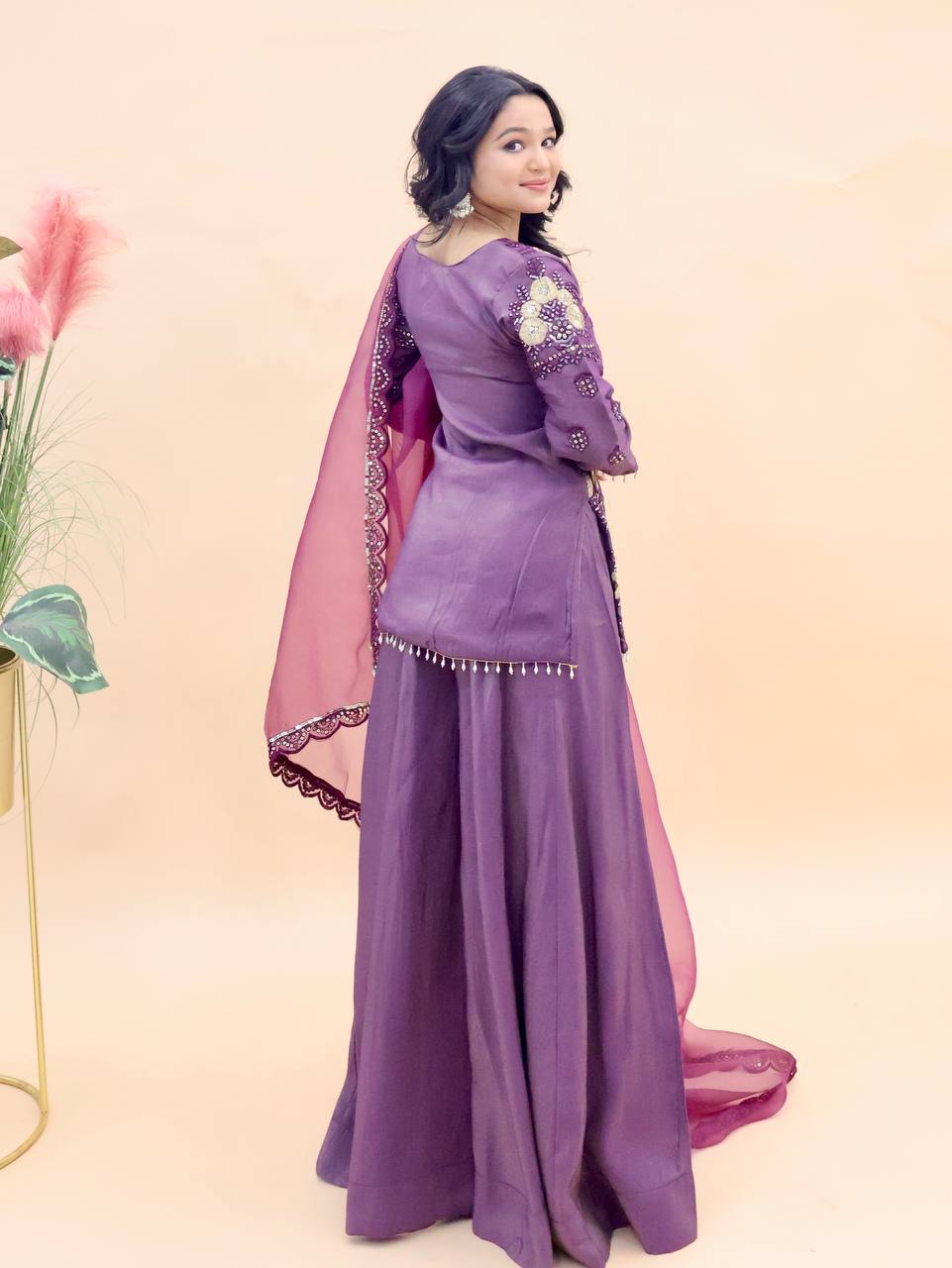 Purple Simar Silk Suit with Sequins Embroidery and Organza Dupatta