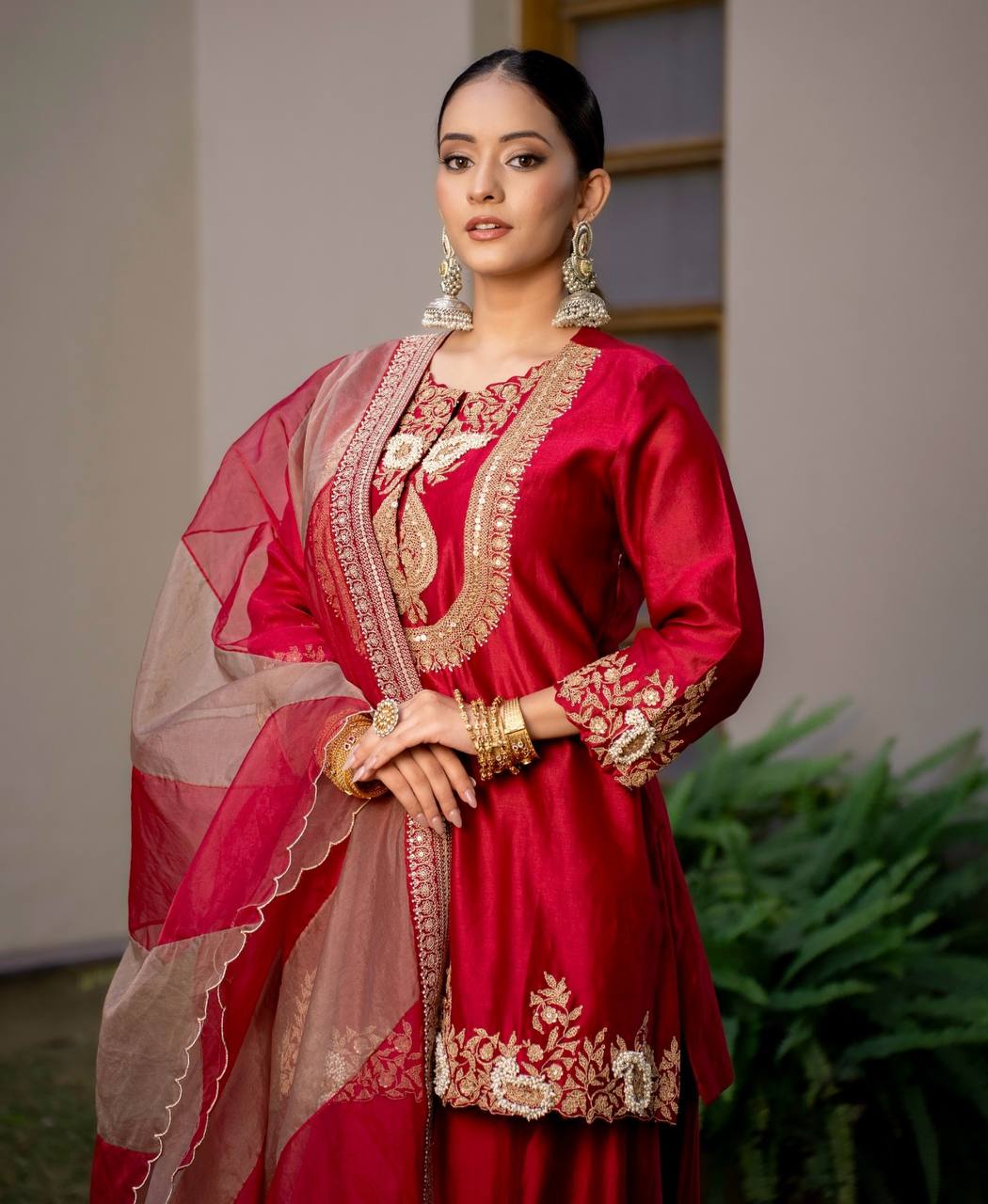 Heavy Red Chinon Silk Sharara Suit with Embroidery and Printed Organza Dupatta