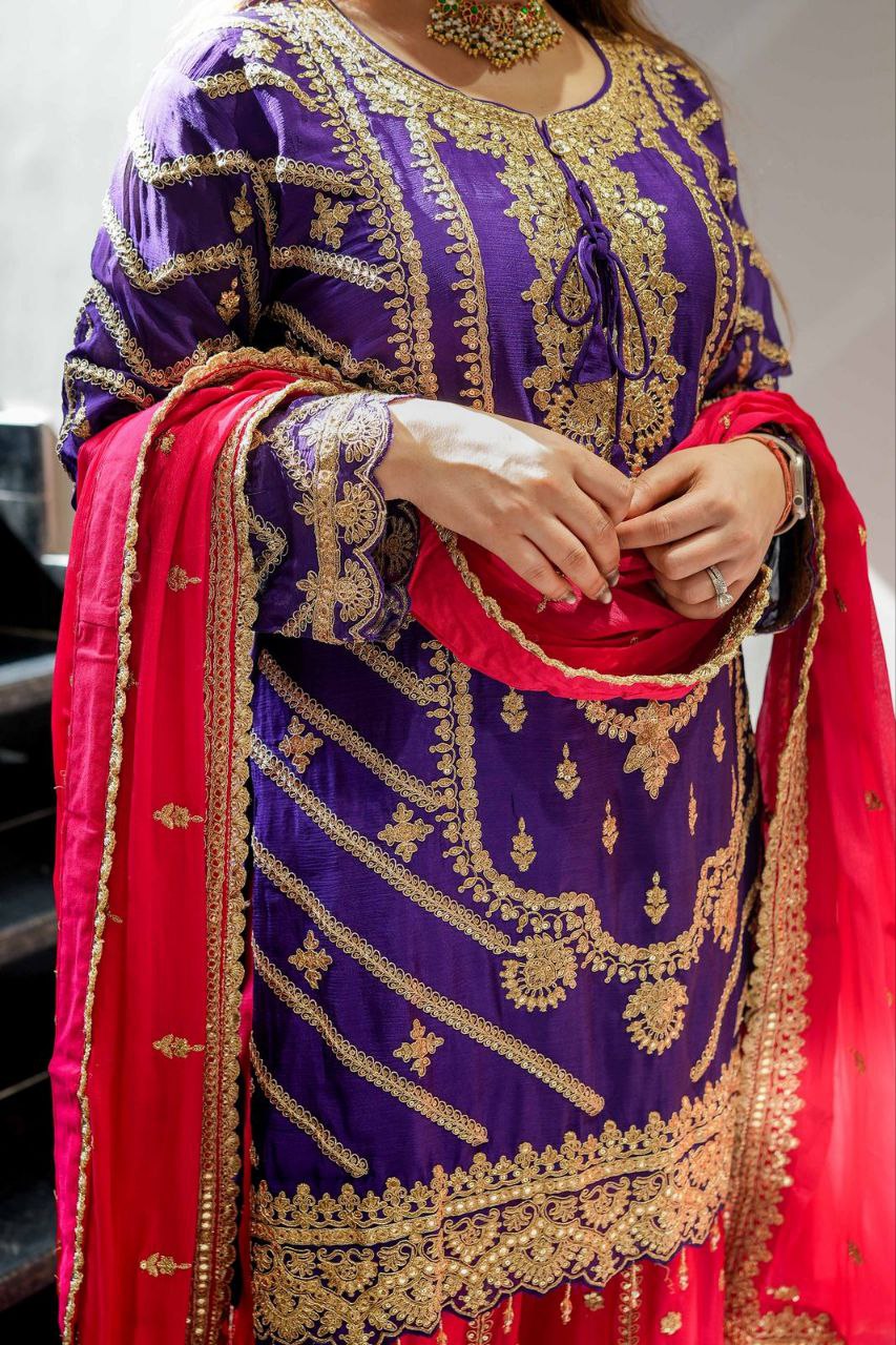 Heavy Purple Chinon Silk Sharara Suit with Embroidery and Printed Dupatta