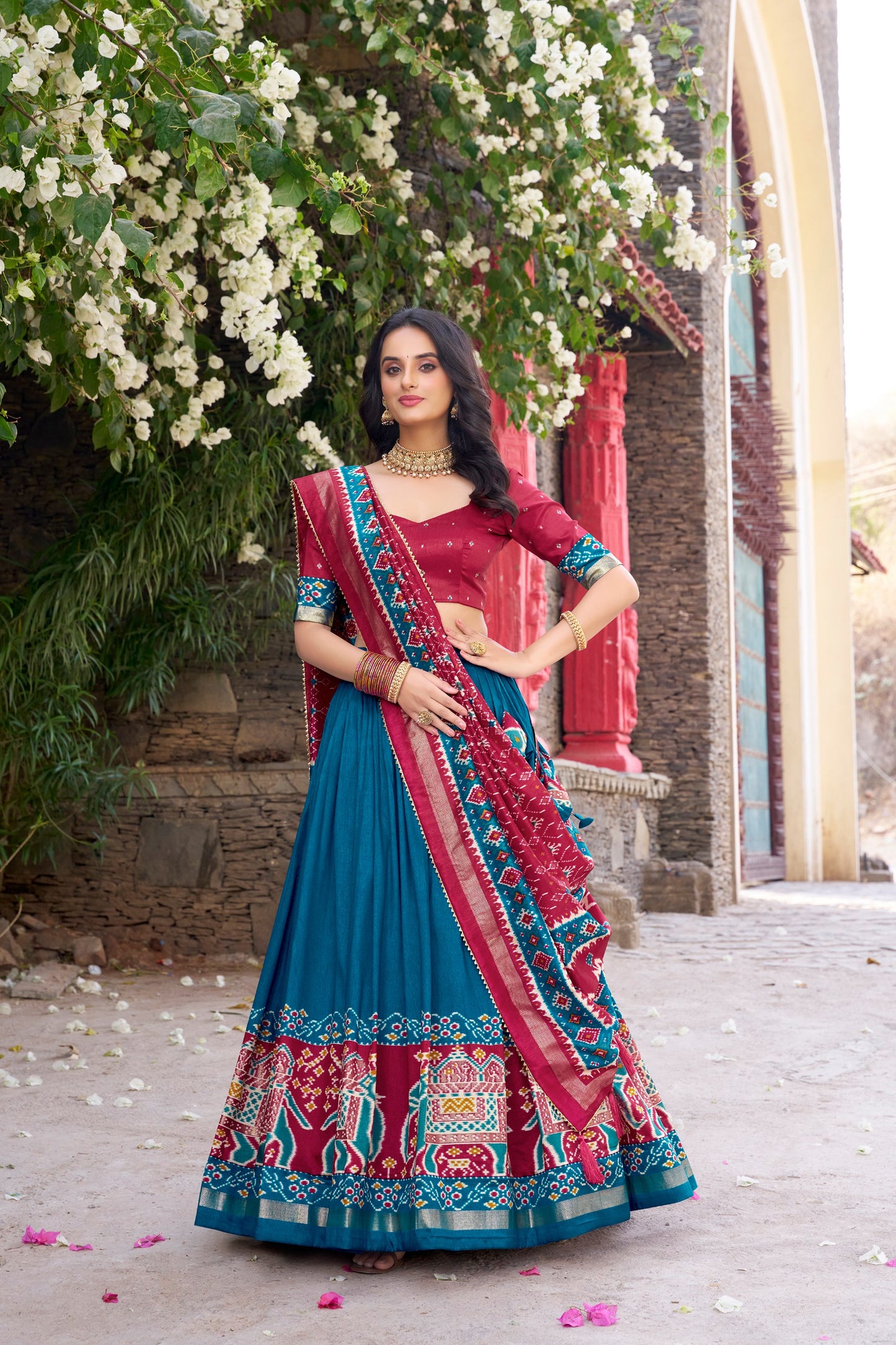 Patola Printed Teal Blue Tussar Silk Lehenga Set with Gotta Patti Dupatta