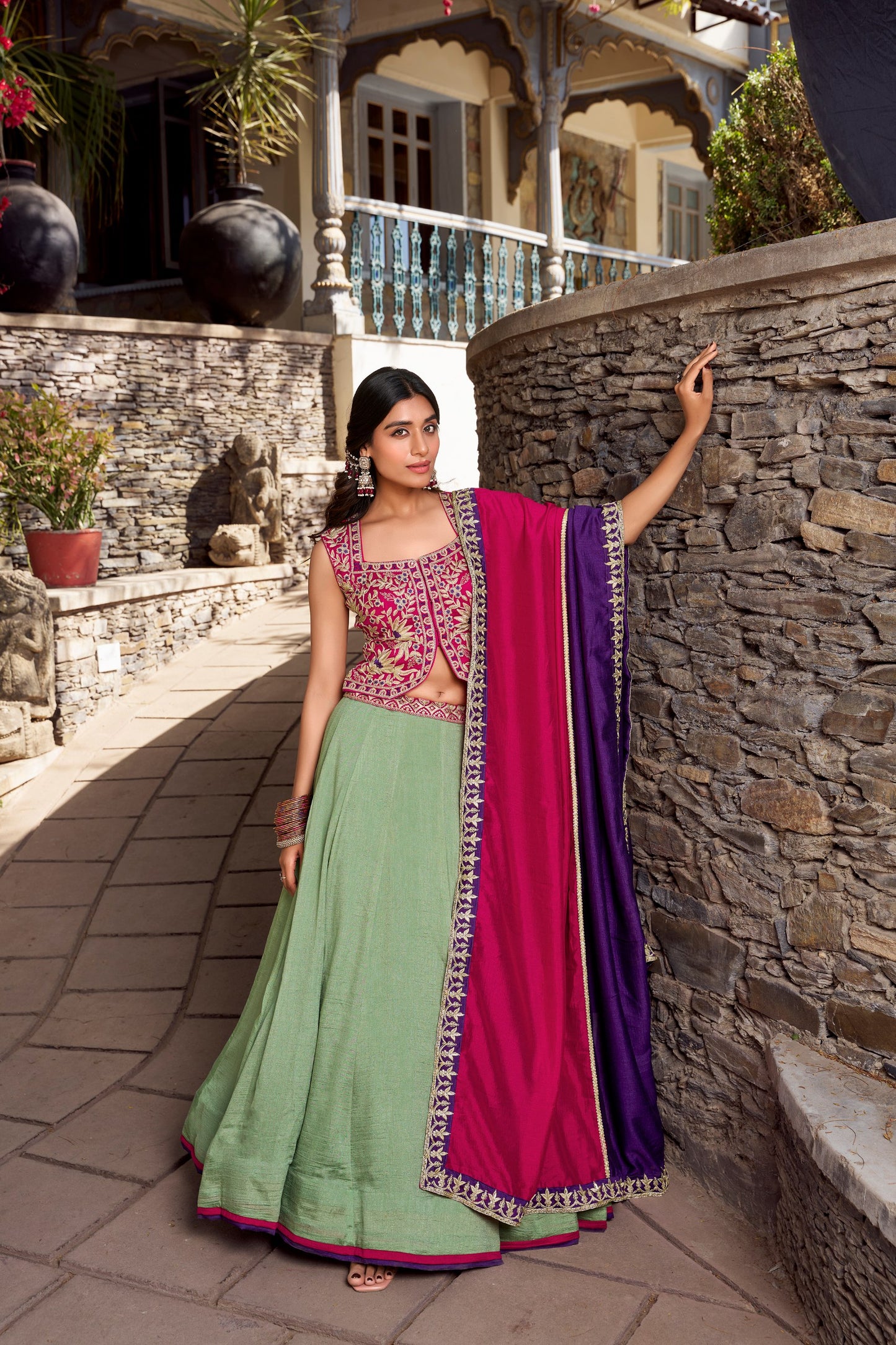 Vichitra Silk Lehenga Set with Embroidered Belt and Dupatta