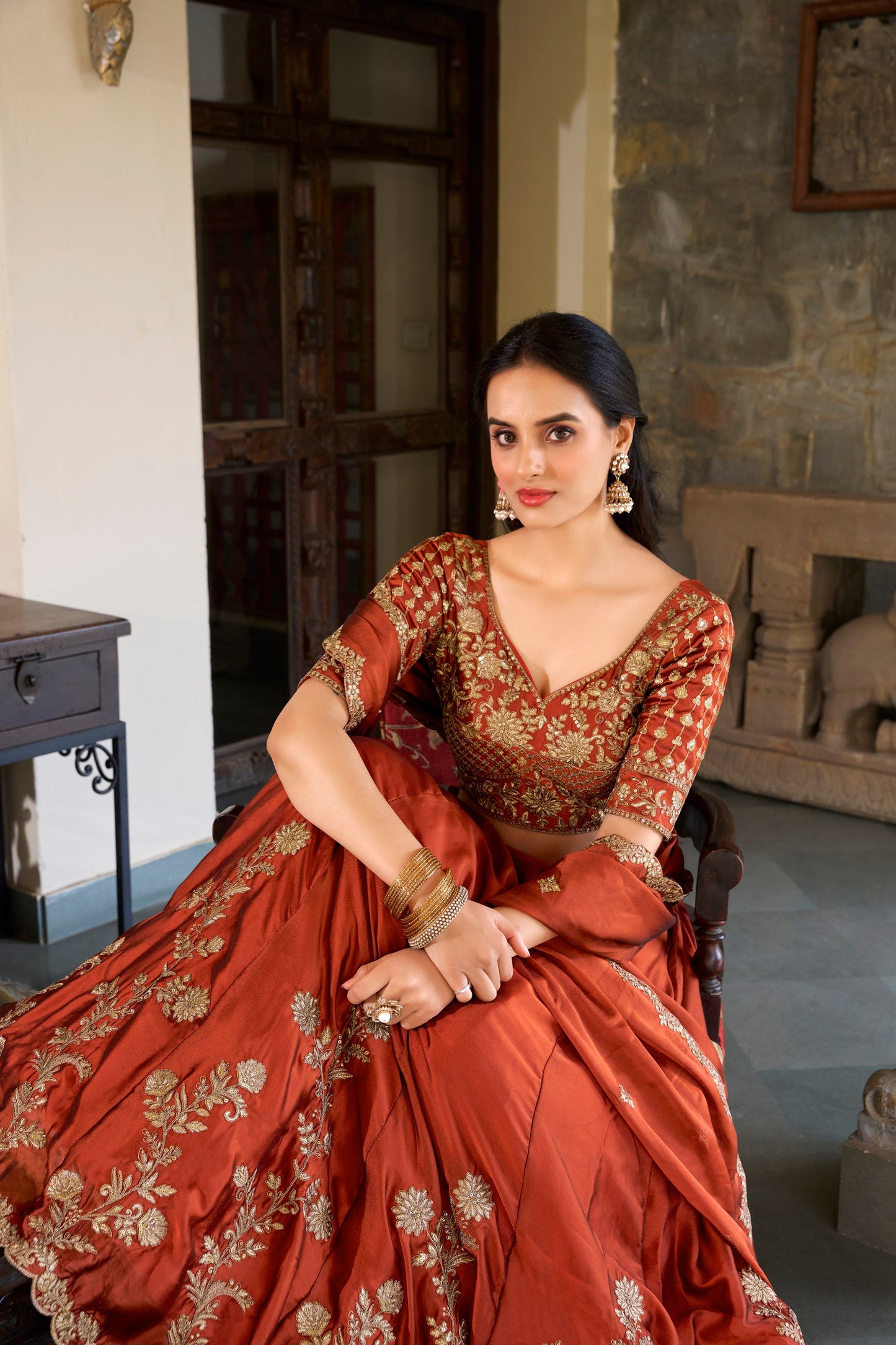 Red Rangoli Silk Lehenga Set with Sequins & Thread Embroidery