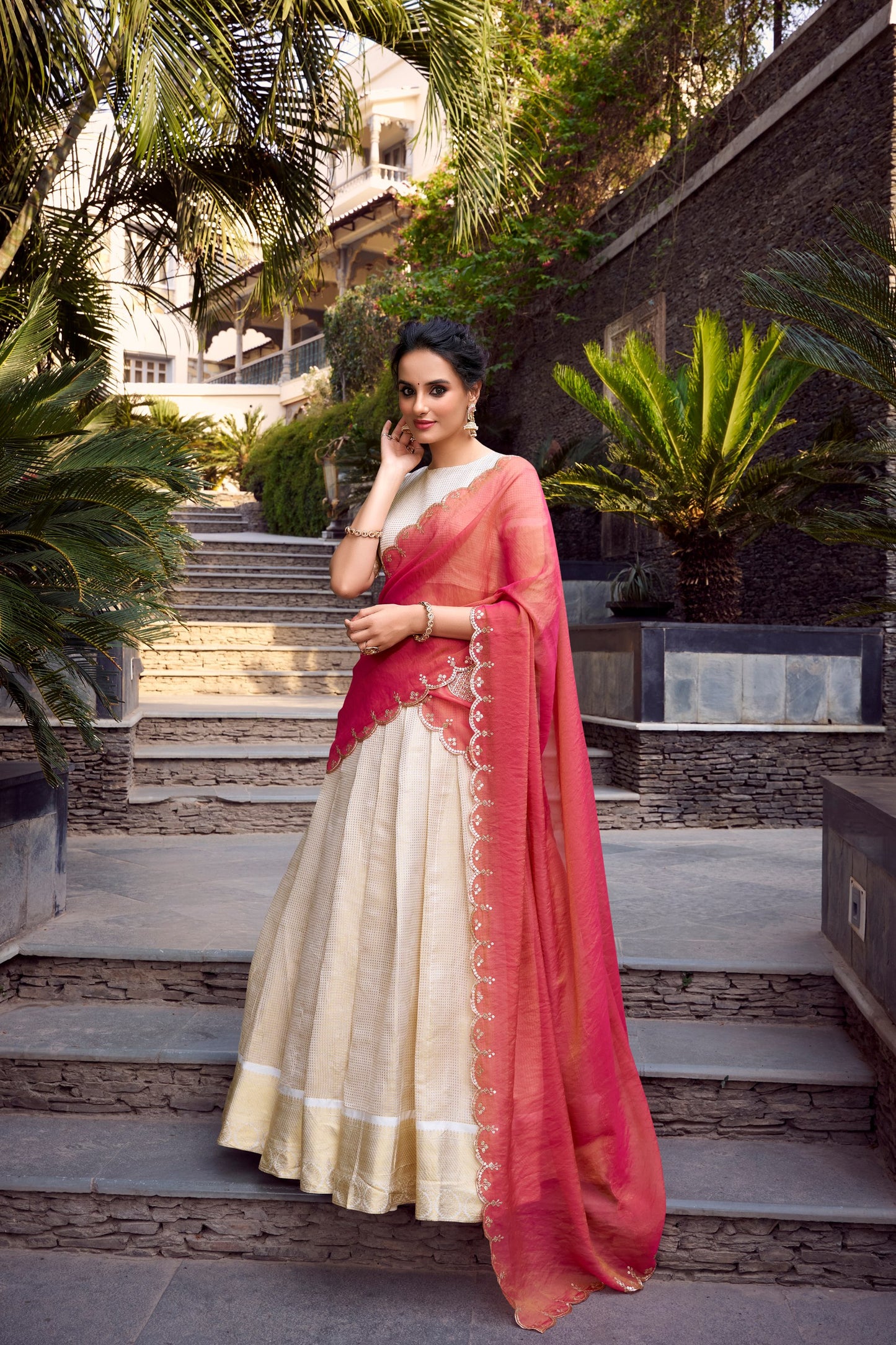 Jacquard Chex Lehenga Set with Zari Weaving and Embroidered Zari Shimmer Dupatta