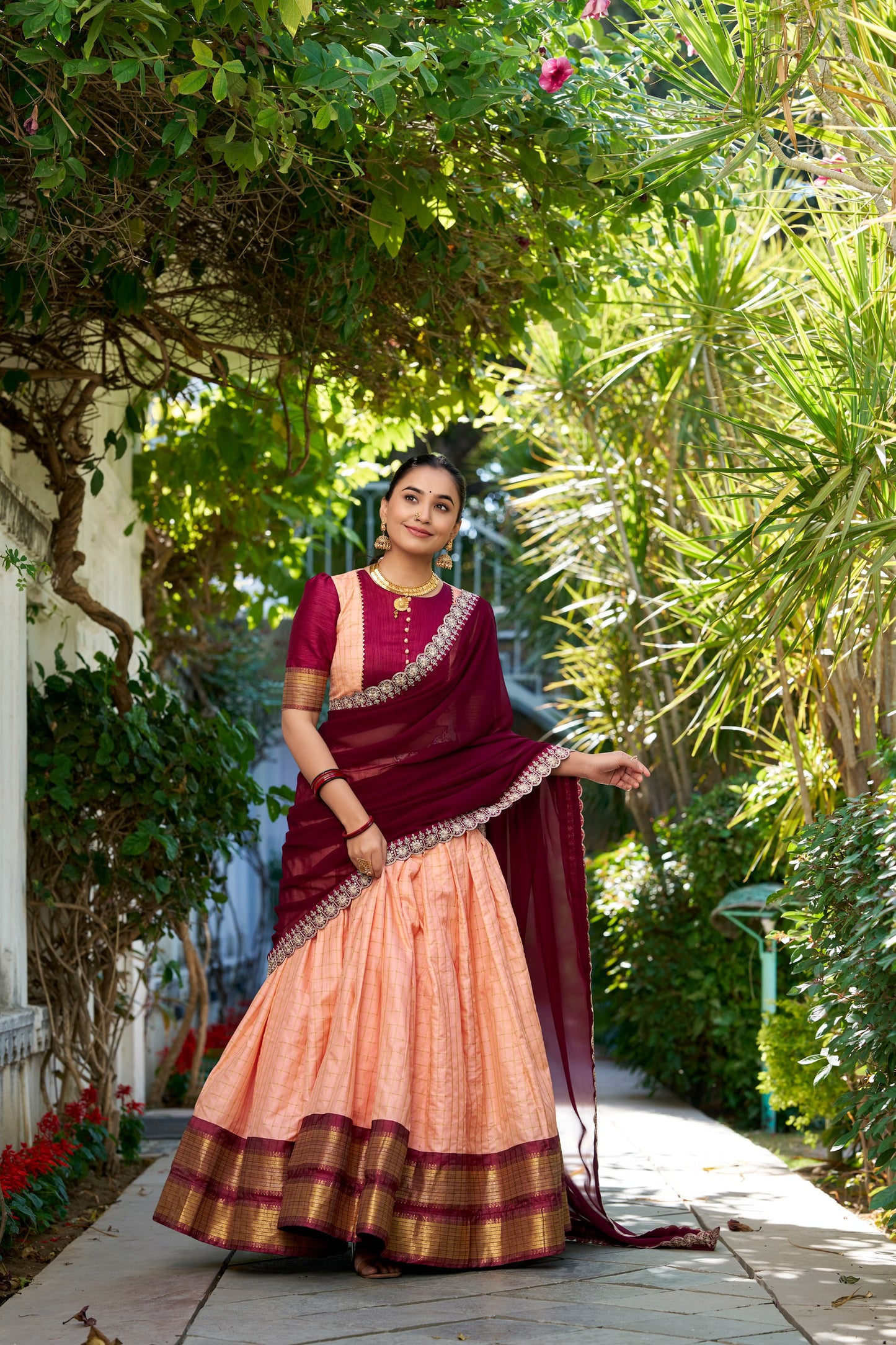 Zari Chex Peach Lehenga Set with Stitched Blouse and Embroidered Georgette Dupatta