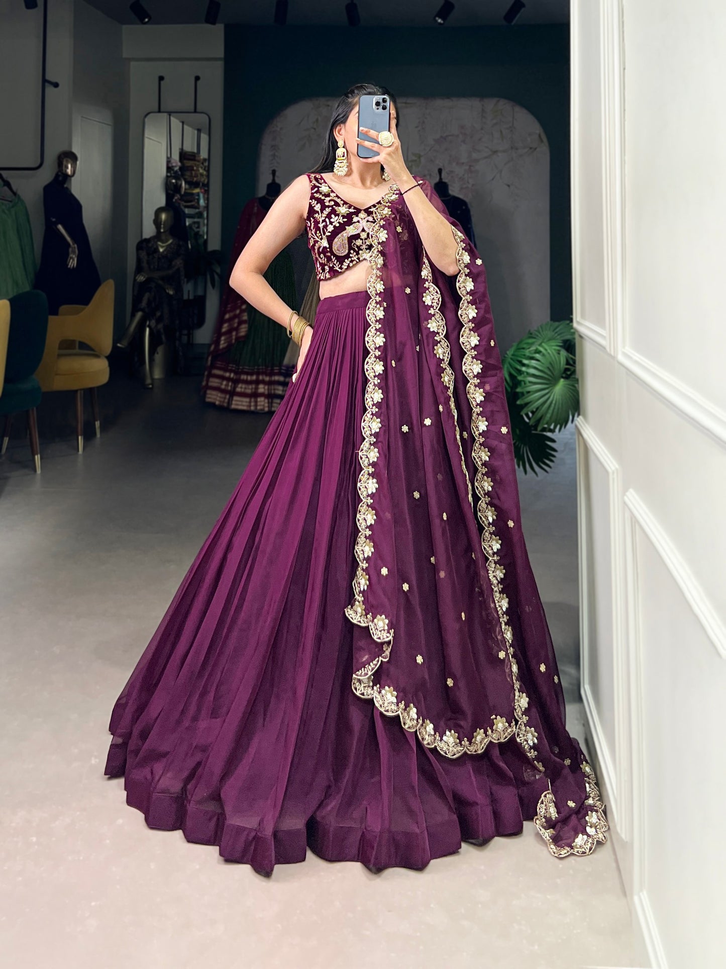 Elegant Purple Organza Lehenga with Embroidered Velvet Blouse and Dupatta