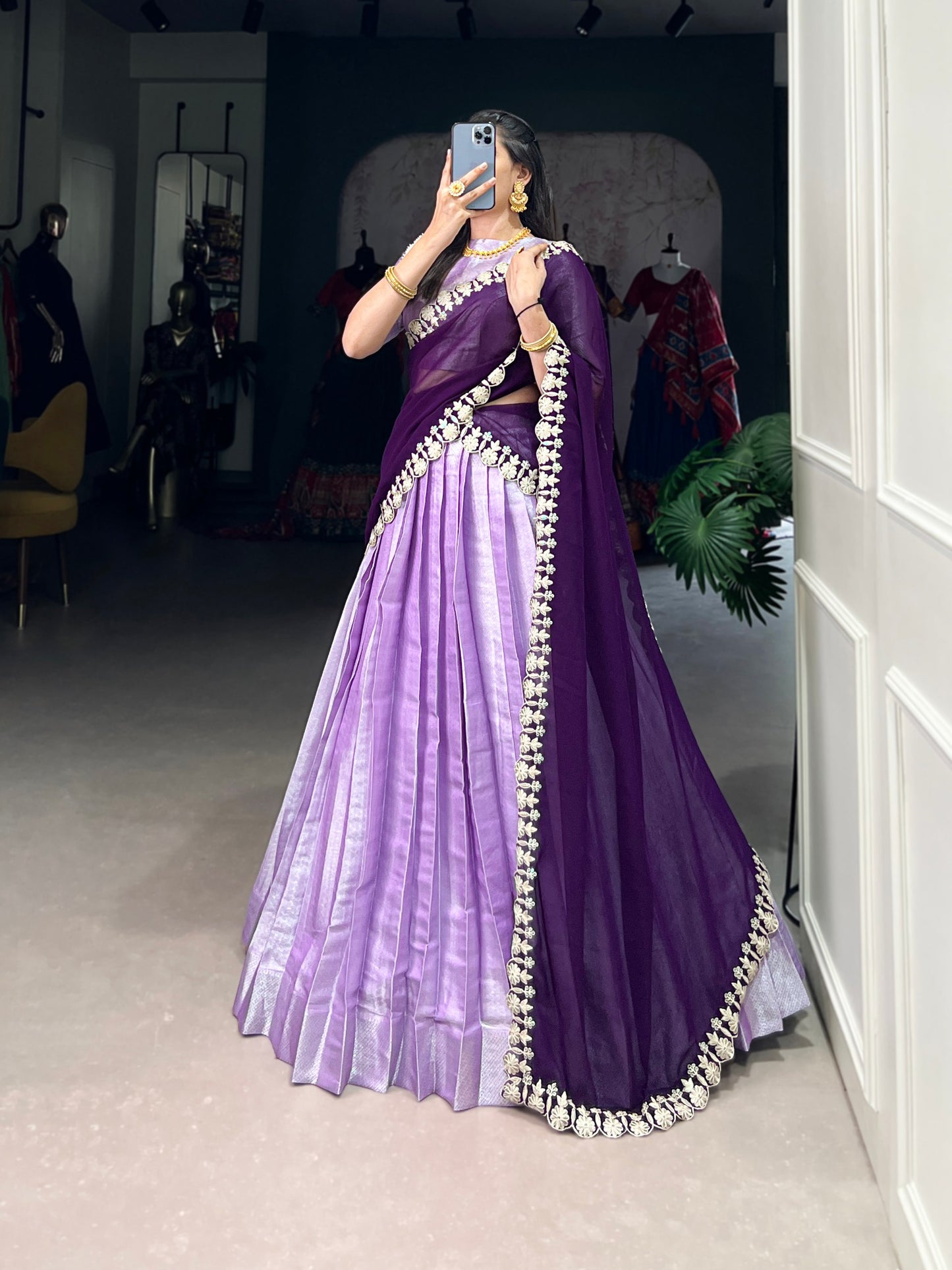 Lavender Jacquard Silk Lehenga Set with Weaving Work and Georgette Embroidered Dupatta
