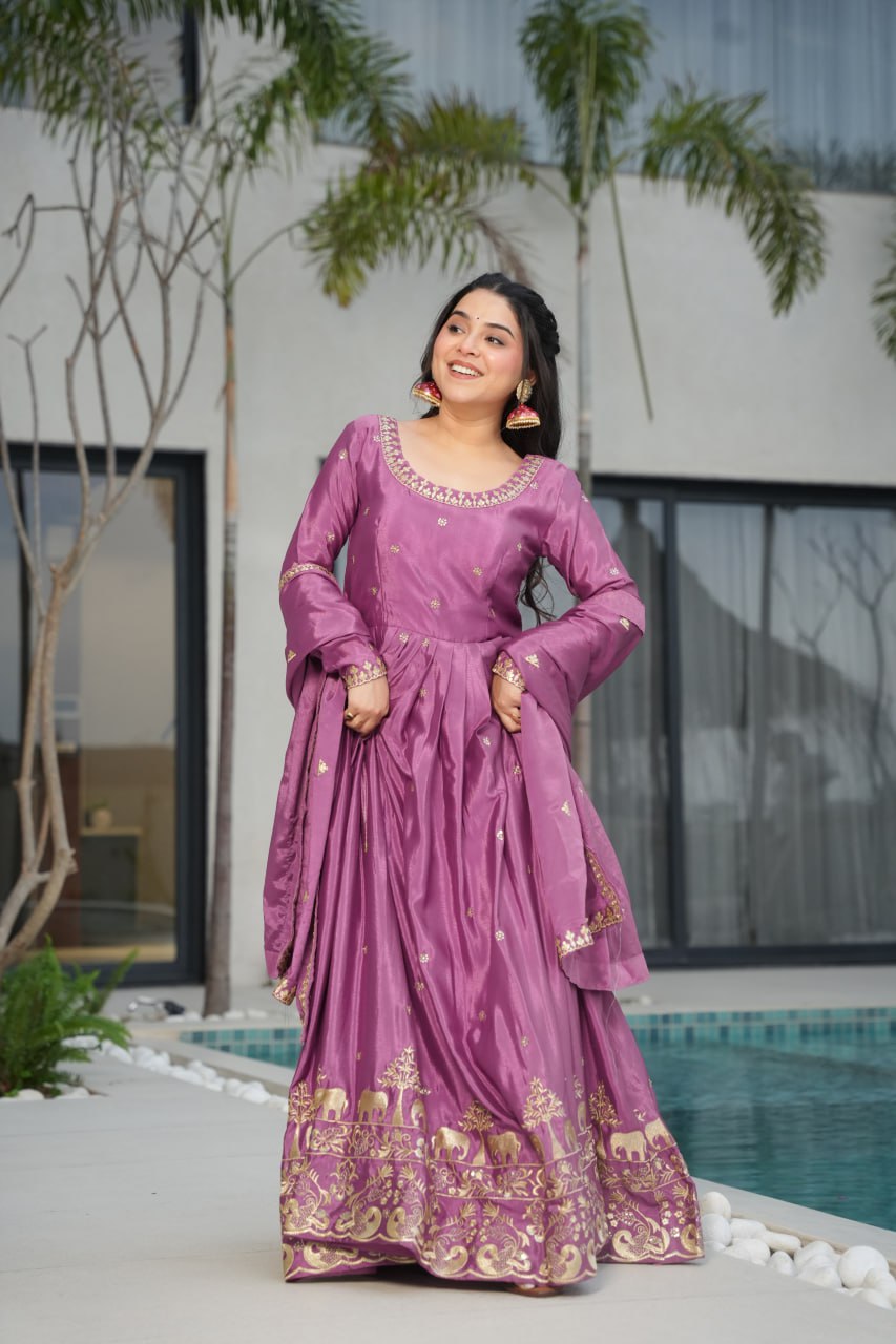 Lavender Chinnon Embroidered Gown with Sequins Dupatta