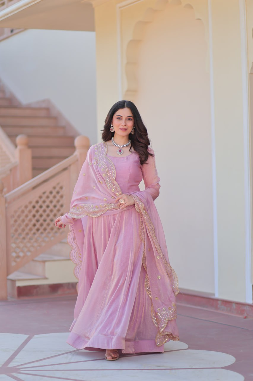 Lavender Fendy Chiffon 12-Kali Anarkali Gown with Embroidered Cut-Work Dupatta