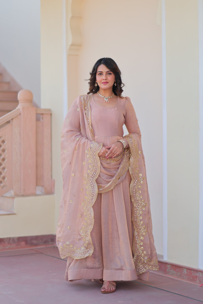 Peach Fendy Chiffon 12-Kali Anarkali Gown with Embroidered Cut-Work Dupatta