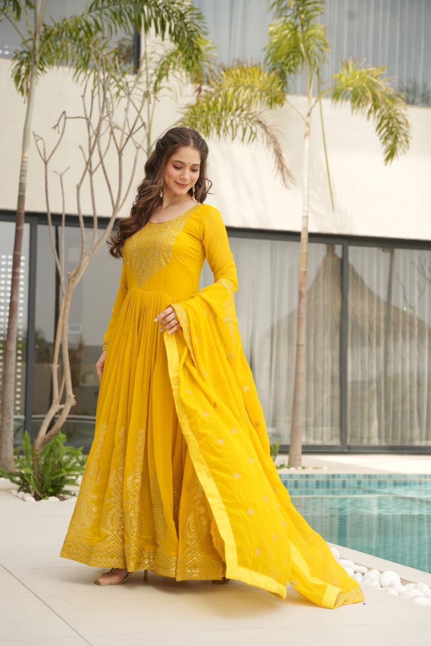 Yellow Fendy Chiffon 12-Kali Anarkali Gown with Embroidered Cut-Work Dupatta