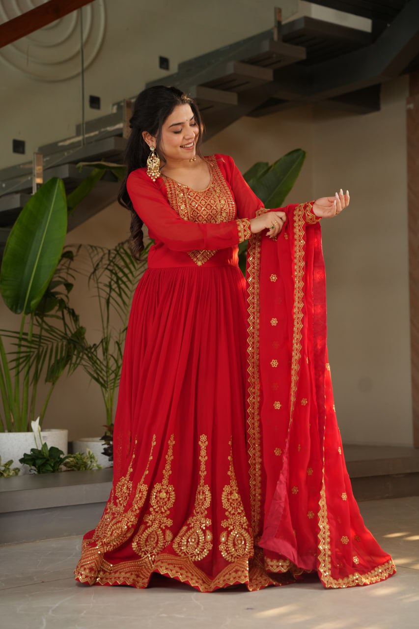 Red Fendy Chiffon 12-Kali Anarkali Gown with Embroidered Cut-Work Dupatta