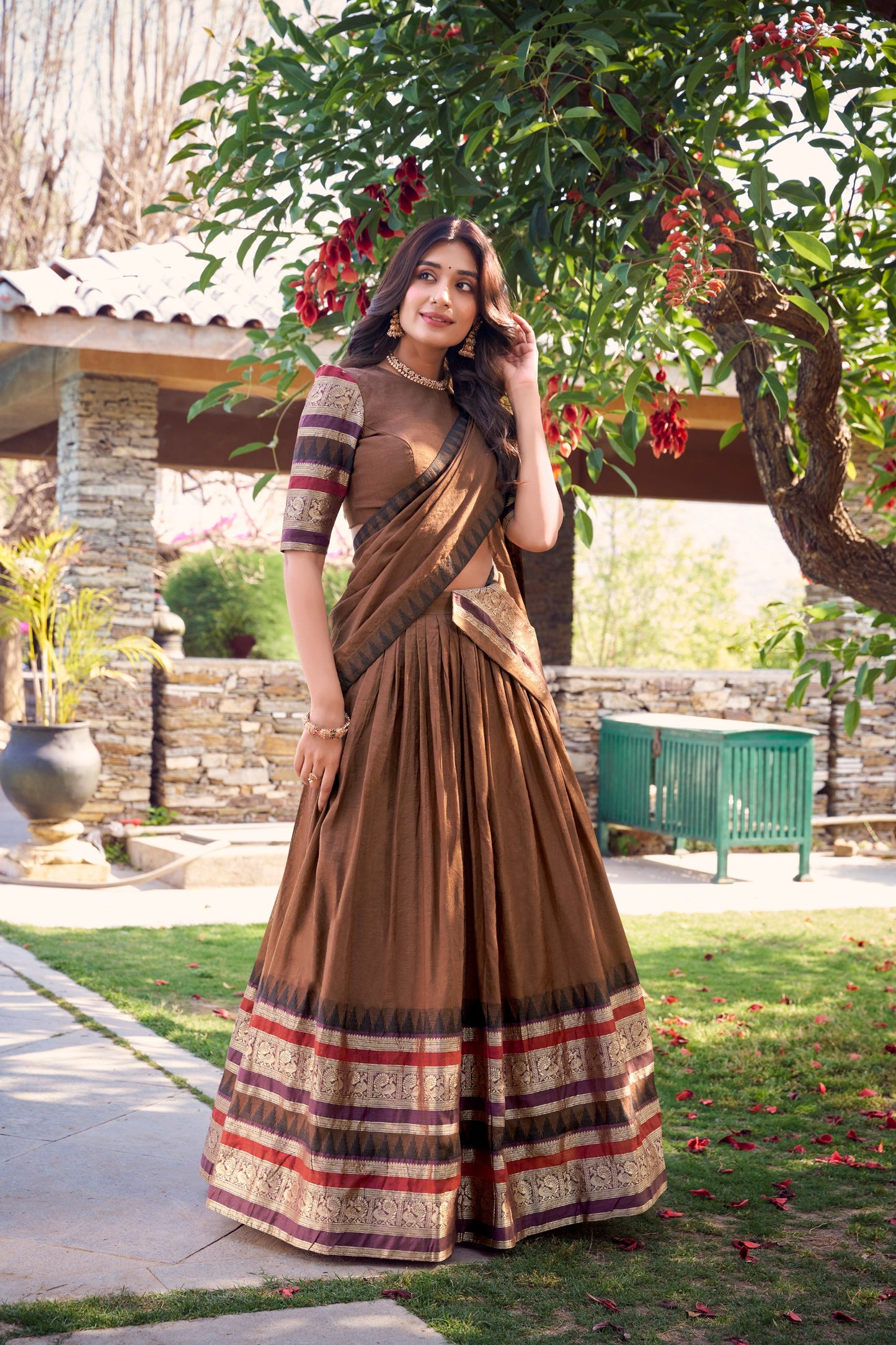 Pure Chanderi Brown Lehenga with Zari Weaving Work Border & Dupatta