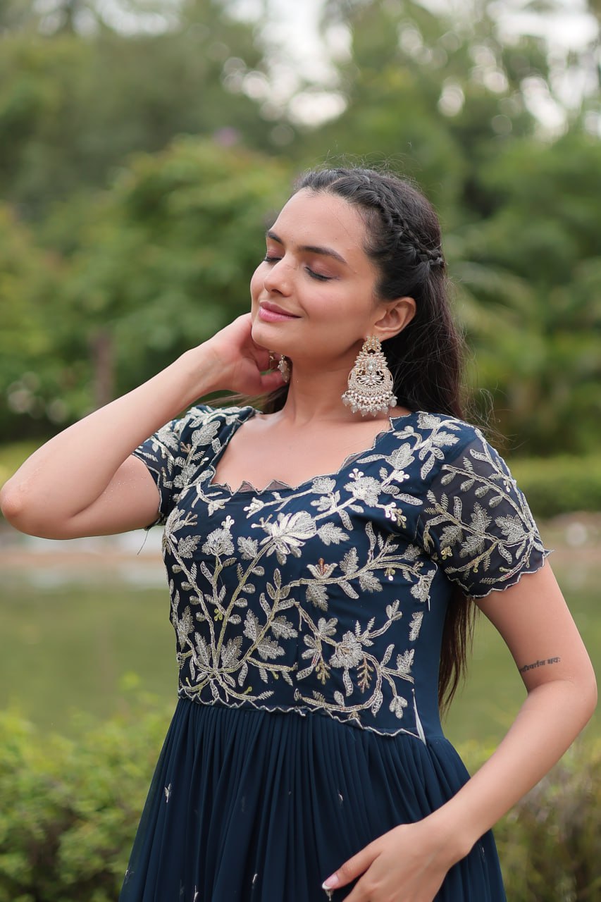 Peacock Blue Embroidered Georgette Flared Gown By Stylish Ethnic