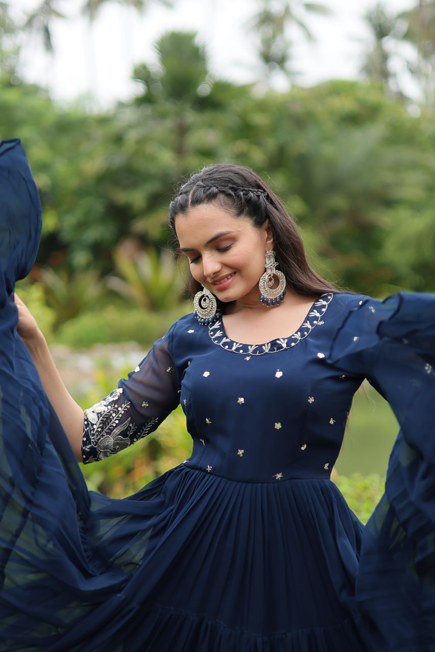Blue Zari Sequin Embroidered Faux Blooming Gown By Stylish Ethnic