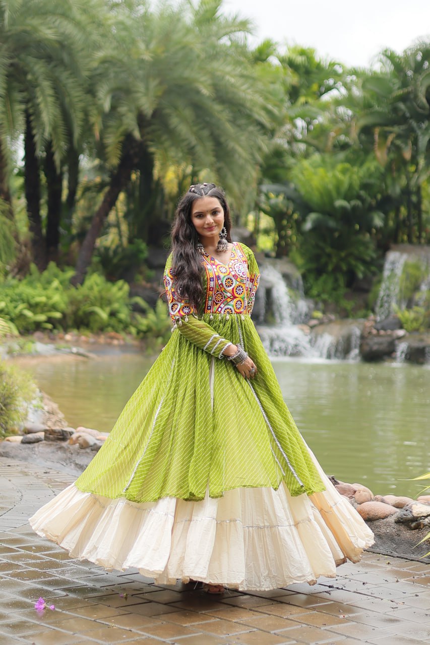 Pista Green Mirror Work Cotton Navratri Wear Kurti With Lehenga By Stylish Ethnic