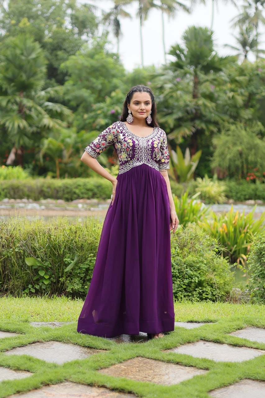 Purple Zari Sequin Embroidered Faux Blooming Gown By Stylish Ethnic