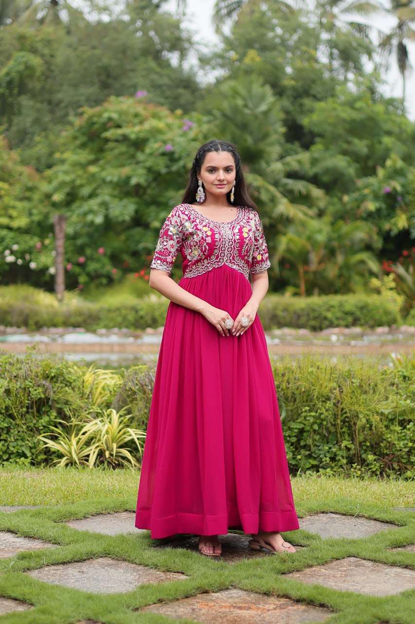 Maroon Zari Sequin Embroidered Faux Blooming Gown By Stylish Ethnic