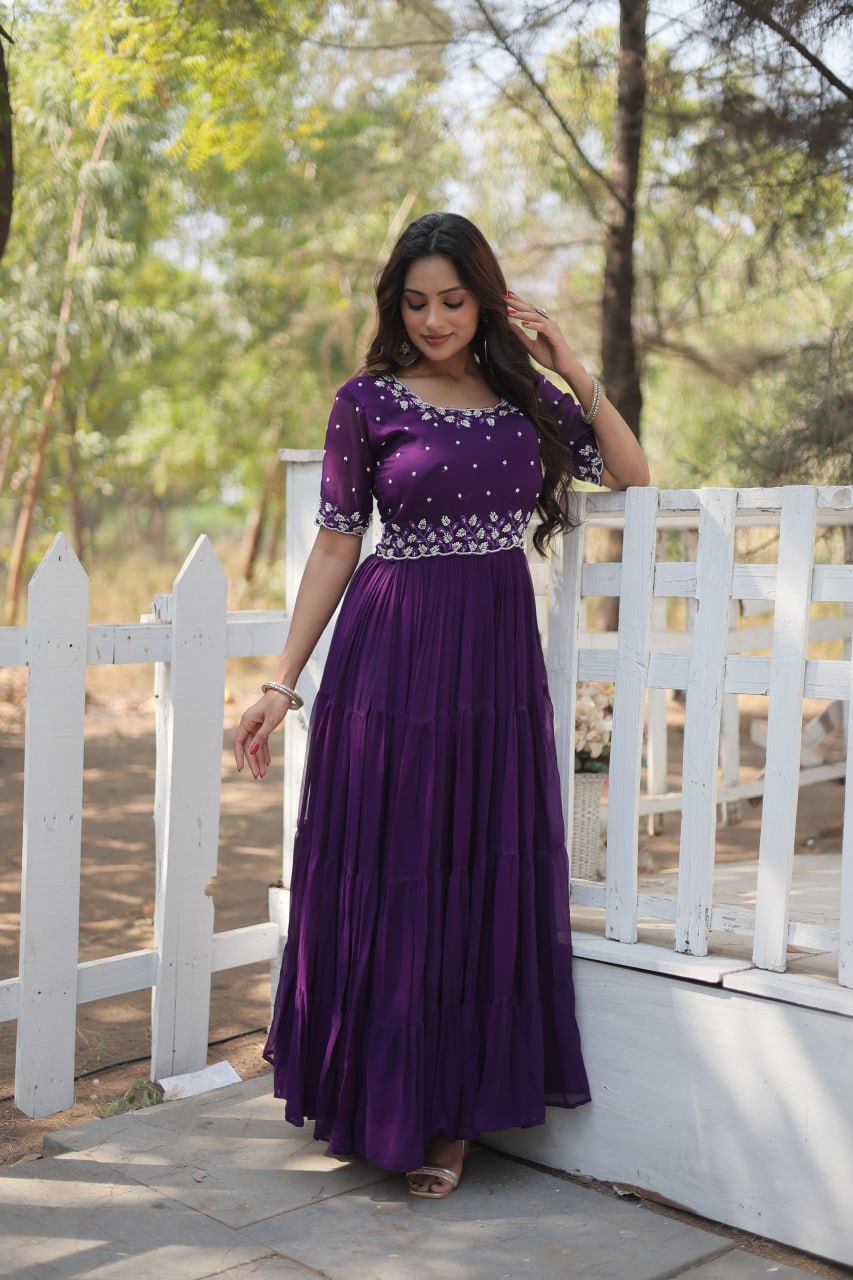 Purple Zari Embroidered Georgette Gown By Stylish Ethnic