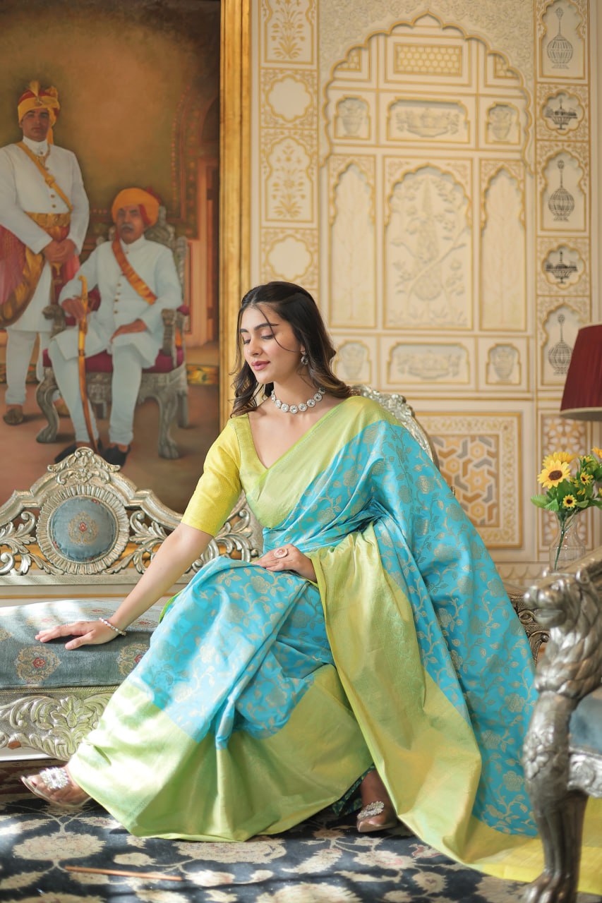Sky Blue Color Kanjivaram Soft Silk Saree By Stylish Ethnic
