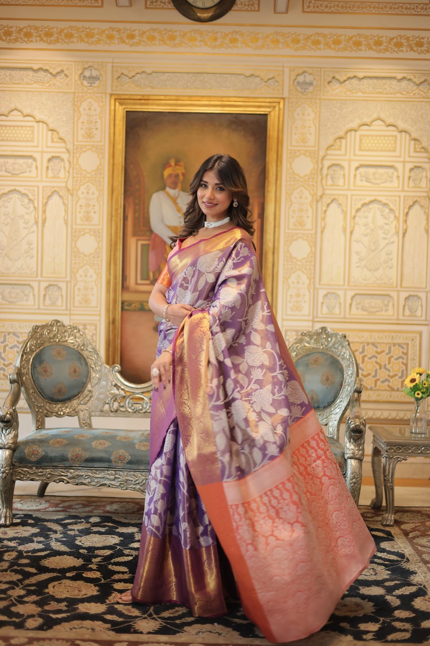 Exquisite Kanjivaram Silk Purple Saree with Zari Weaving Work By Stylish Ethnic