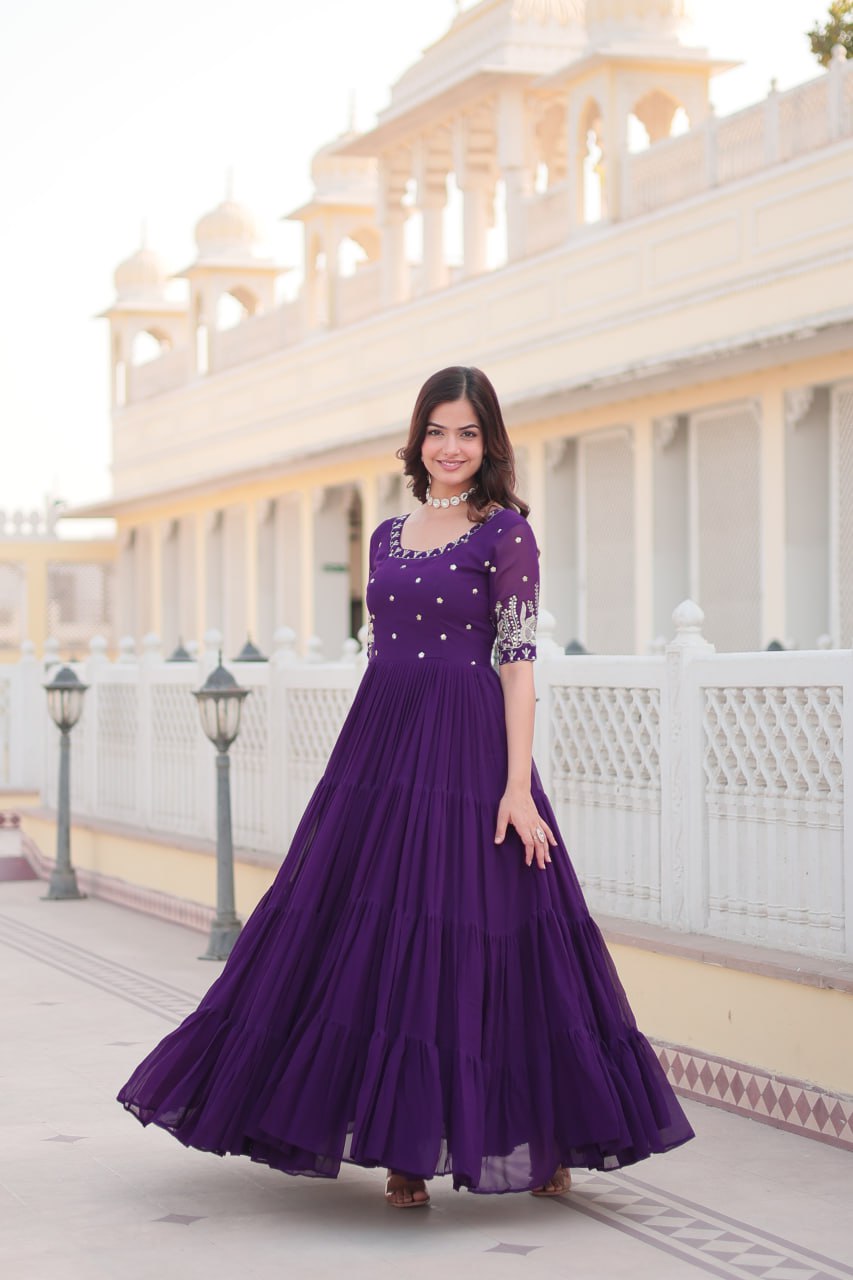 Fascinating Purple Embroidered Georgette Festival Wear Gown By Stylish Ethnic