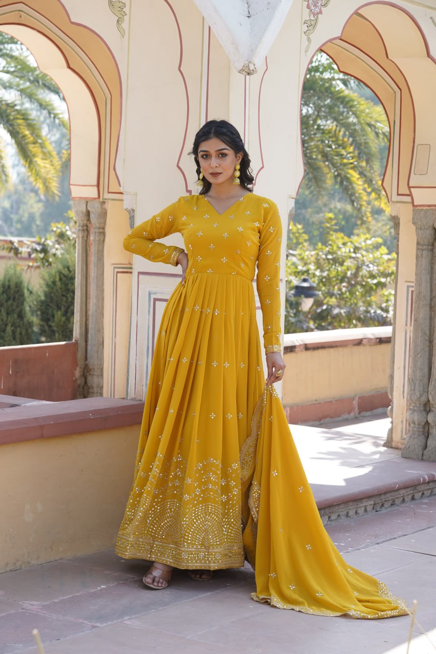 Women Embroidered Thread Work Georgette Yellow Anarkali Kurta By Stylish Ethnic