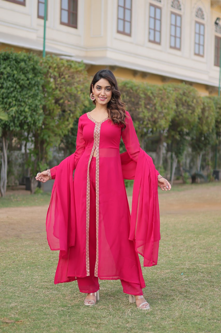 Pink Plain Georgette Kurta Pant With Dupatta By Stylish Ethnic