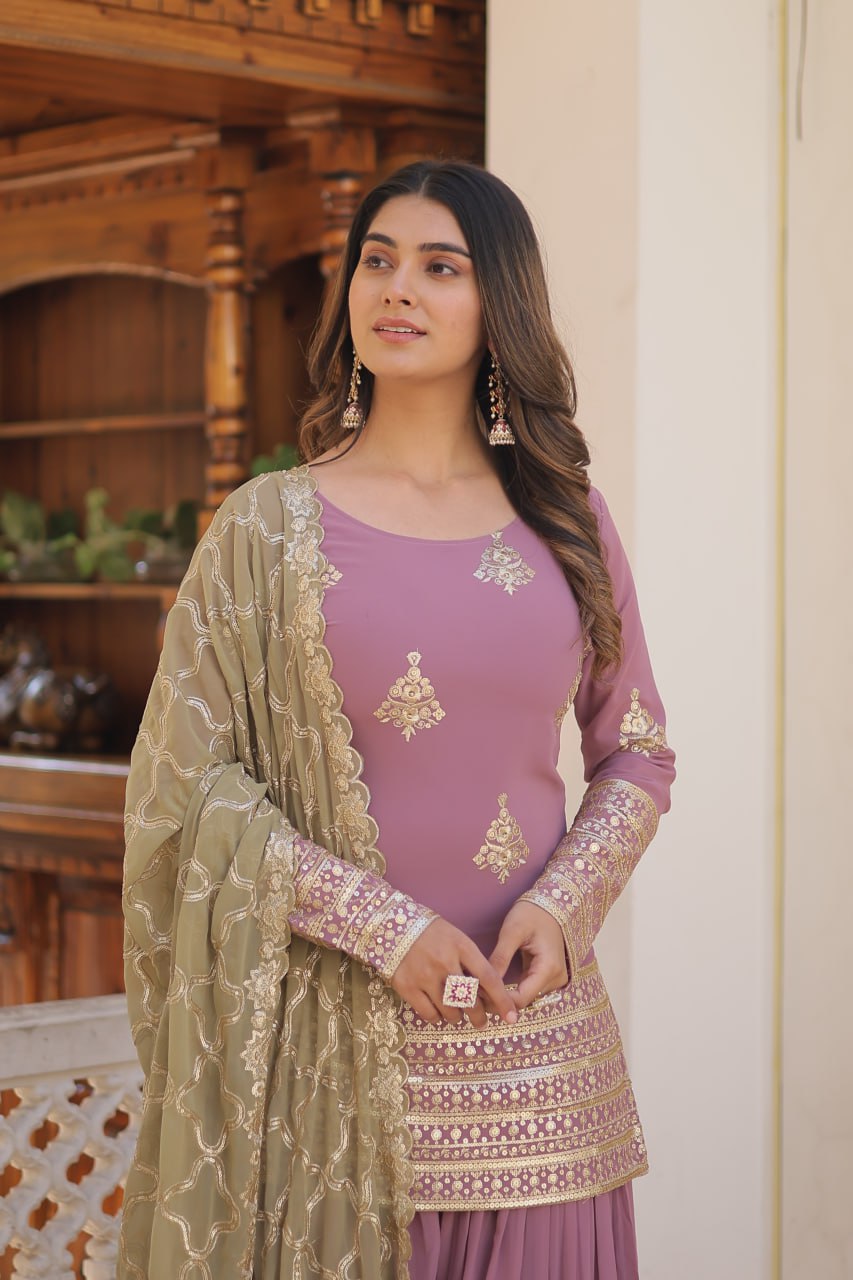 Cascade Lavender Stunning Faux Georgette Kurti-Palazzo-Dupatta Set with Sequin & Thread Embroidery