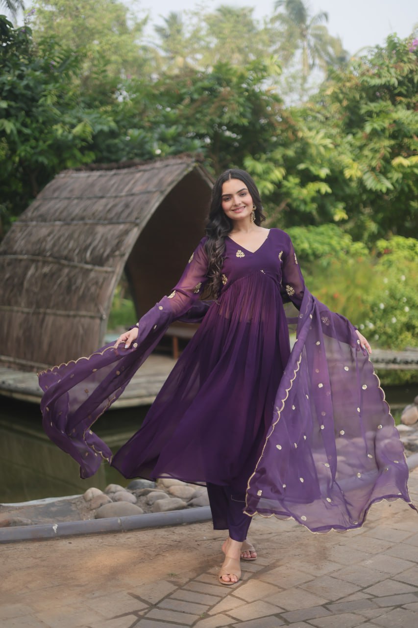 Wine Nayra Cut Anarkali Suit with Embroidery Work
