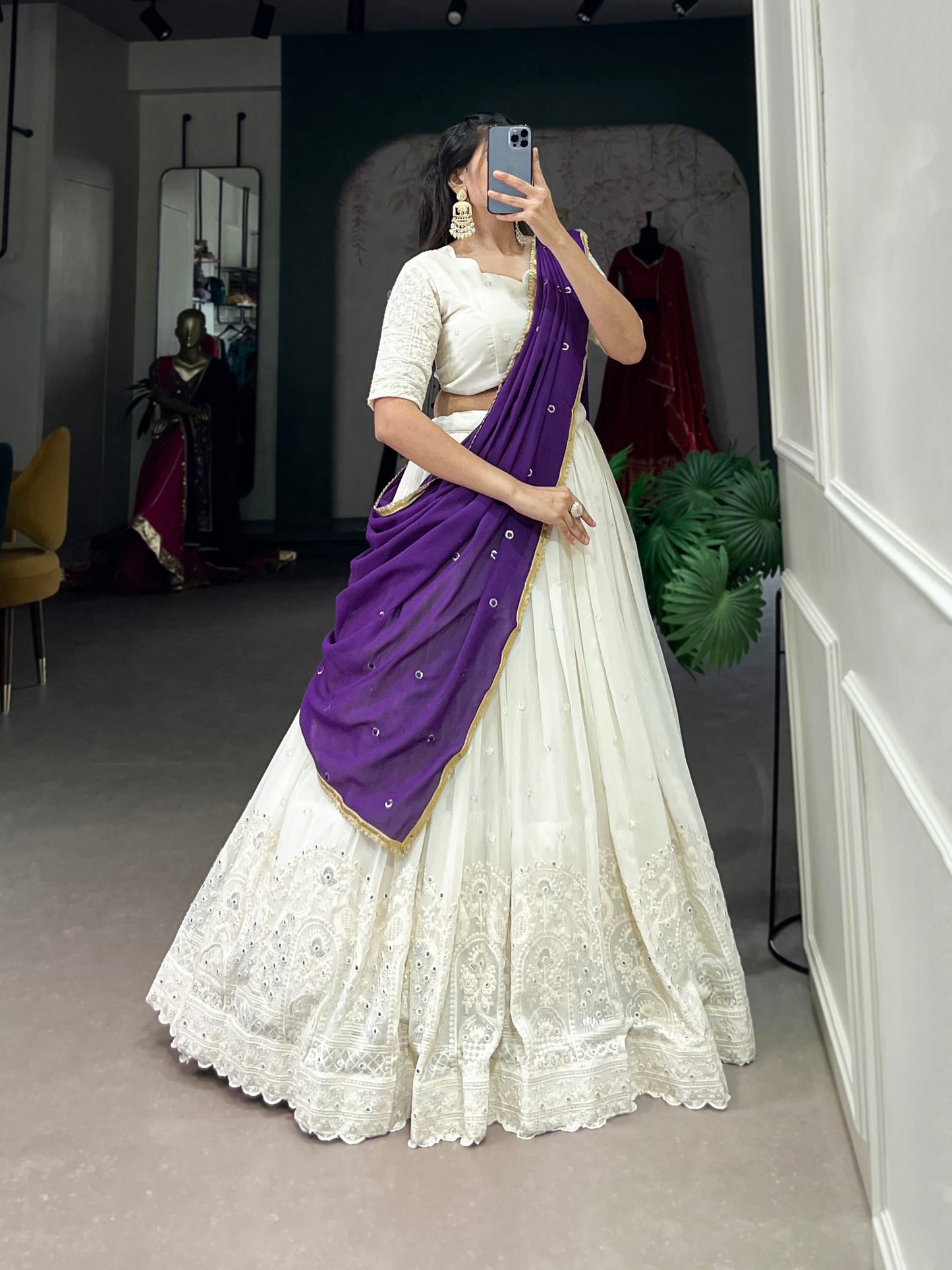 Georgette Lucknowi Paper Mirror Work Lehenga Choli With Purple Dupptta