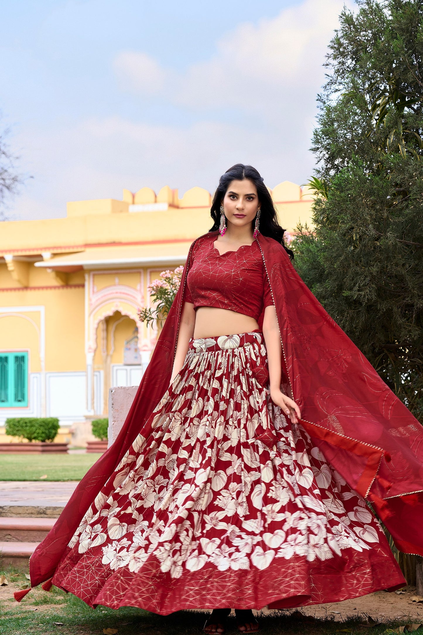 Red Floral Foil Print Tussar Silk Lehenga Choli Set