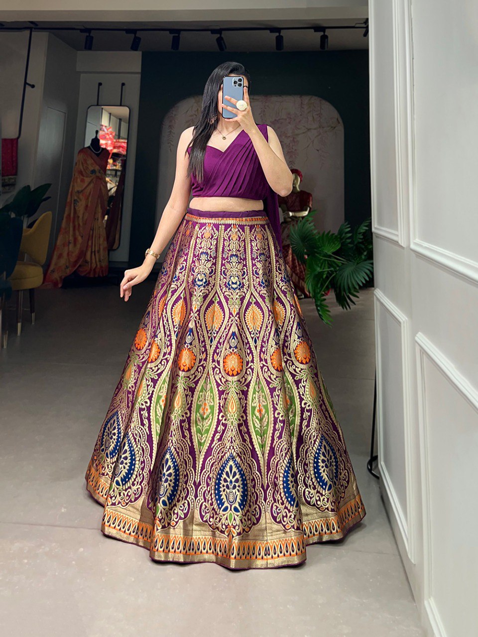 Banarsi Silk Zari Weaving work Purple Lehenga Choli Set