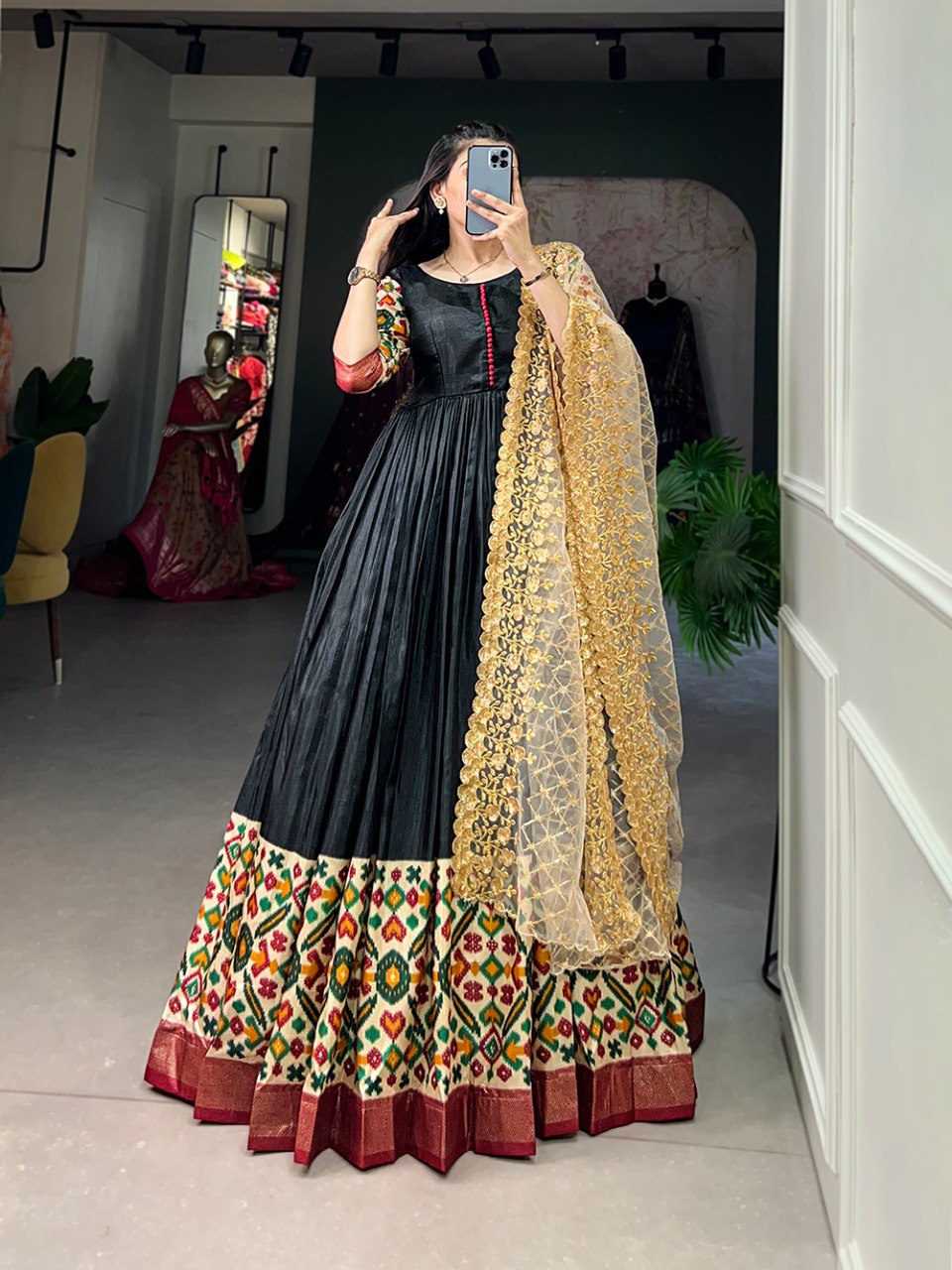 Aesthetic Black Color Dola Silk Print Foil Work With Dupatta Gown