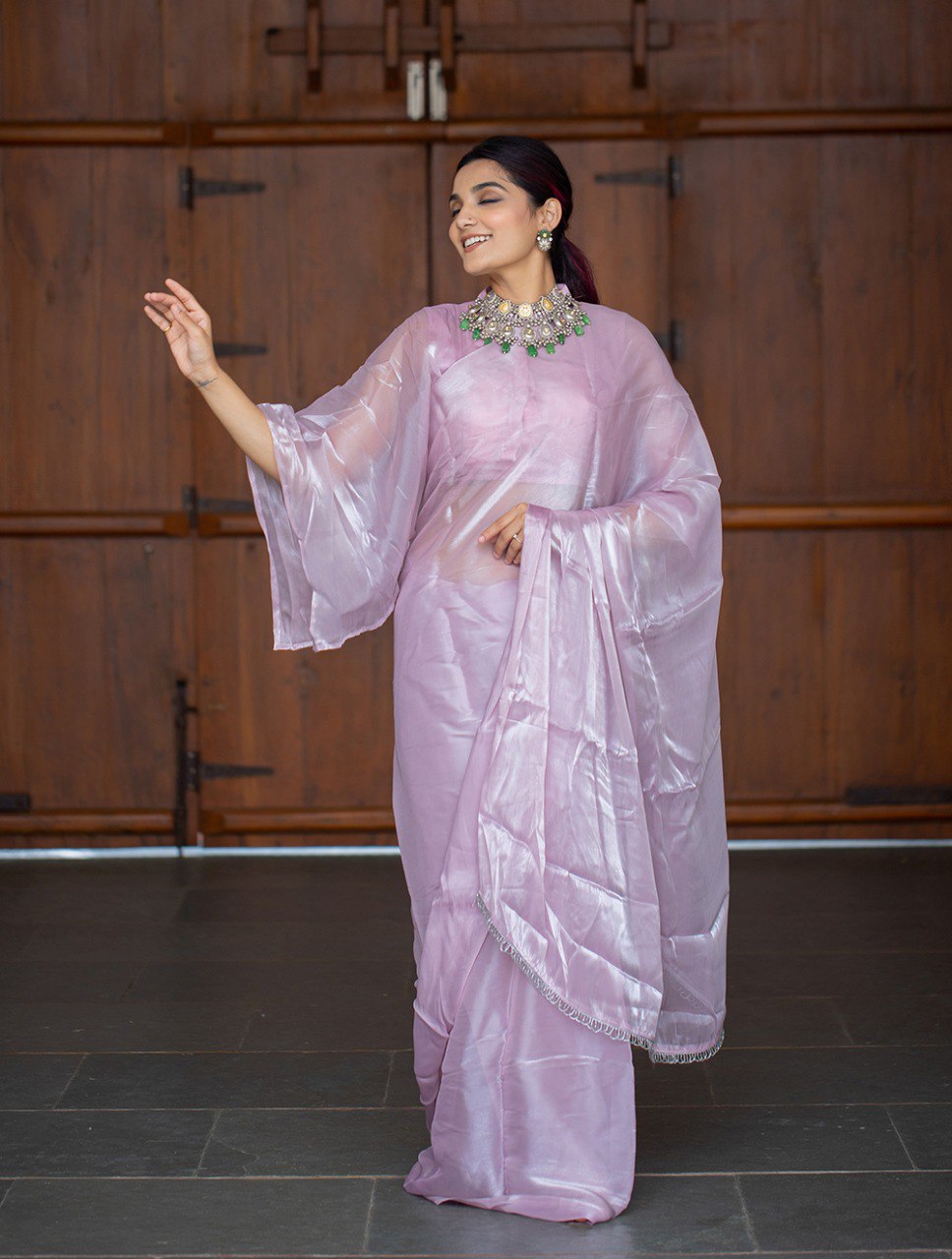 Beautiful Lavender Jimi Silk Saree With Blouse