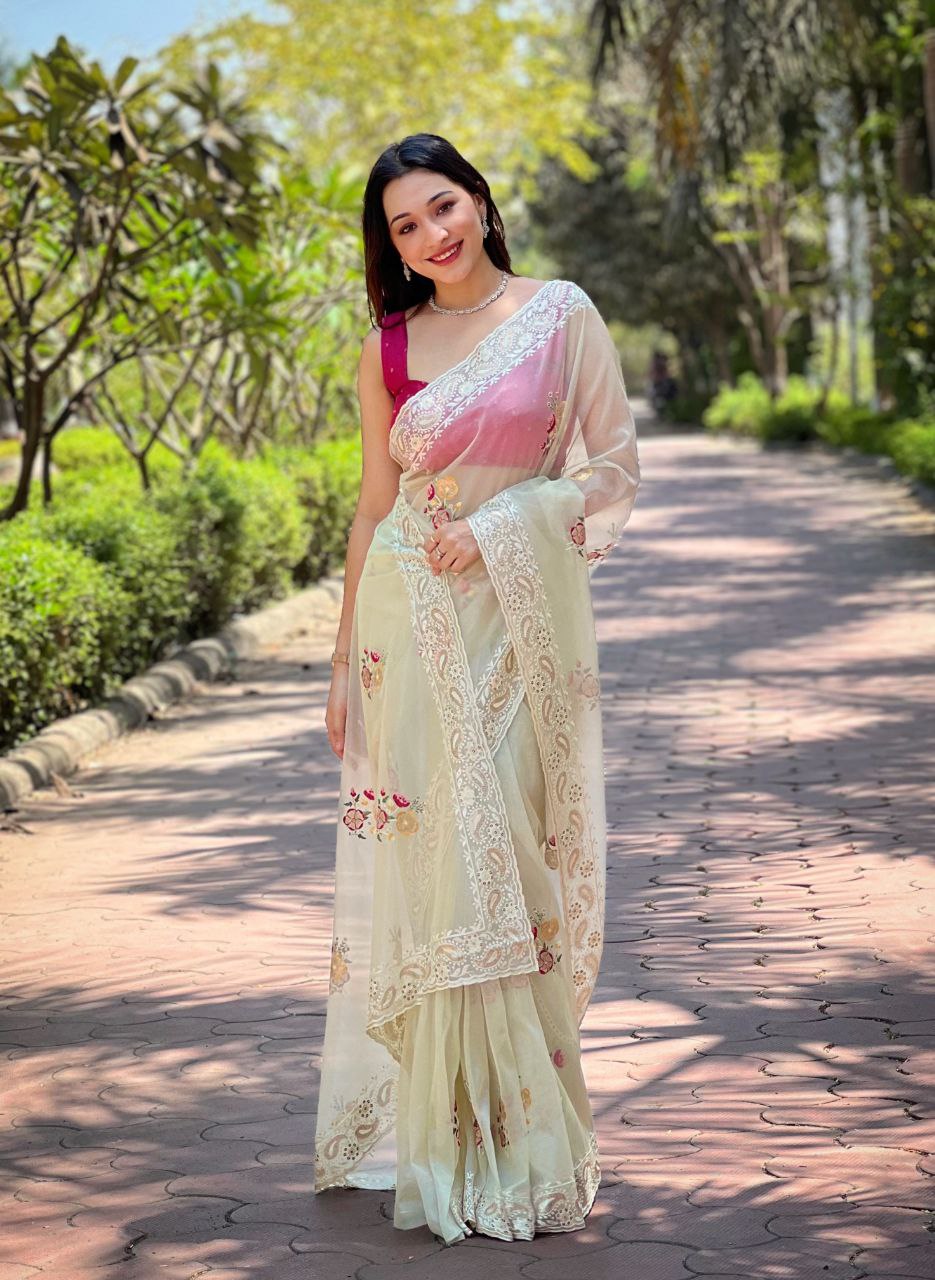 Beautiful Cream Color Designer Soft Silver Tissue Silk Saree