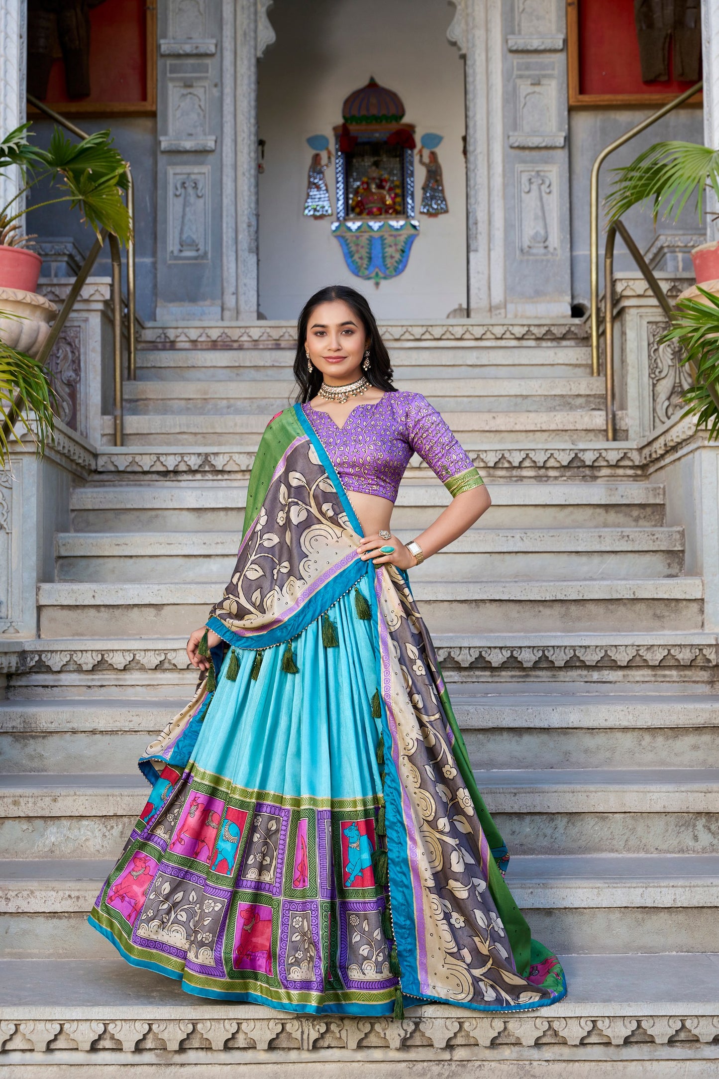 Sky Blue Color Tussar Silk Kalamkari Printed Lehenga Choli