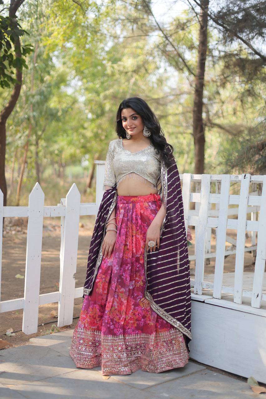 White and Purple Lehenga Choli in Georgette With Print and Sequence Lehenga Choli