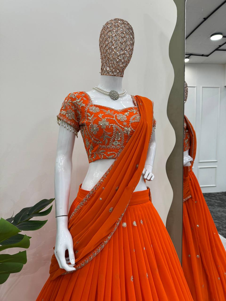 Ruffle Style Orange Lehenga Saree in Faux Georgette with Sequins & Thread Work – Ready to Wear Ethnic Outfit