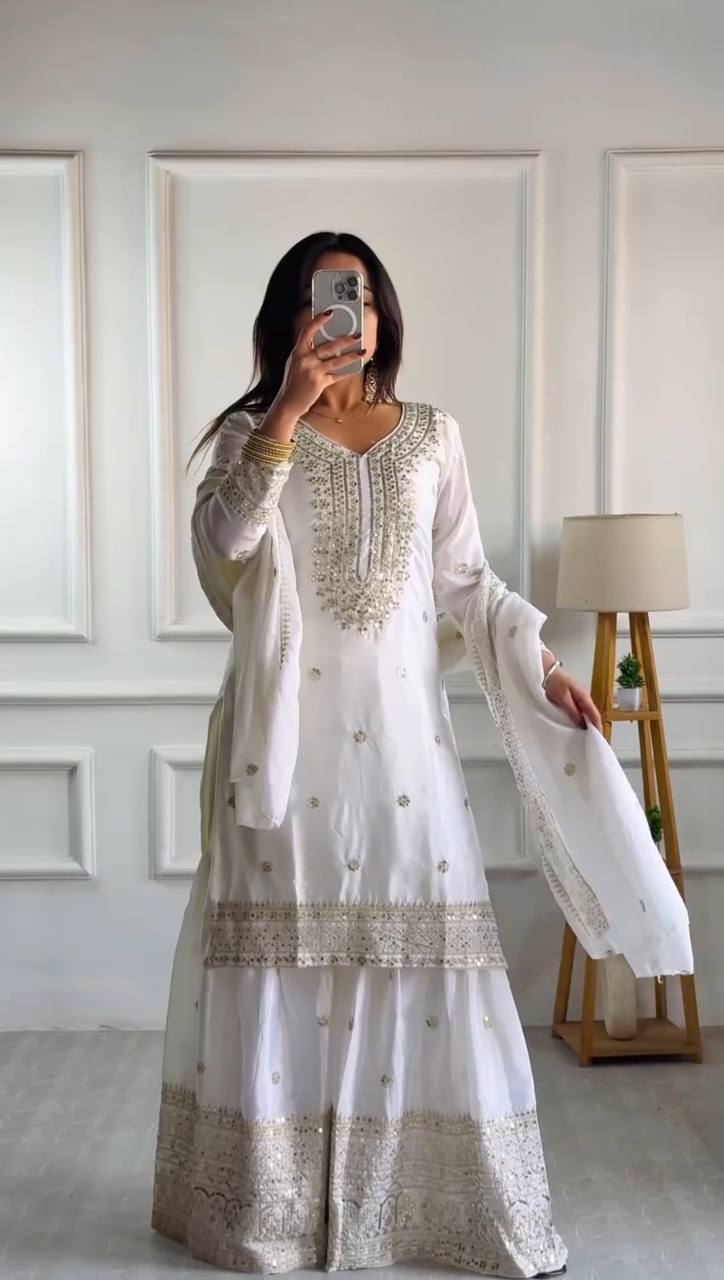 White Chinnon Silk With Heavy Embroidery Sequence Work Top-Plazo And Dupatta Set