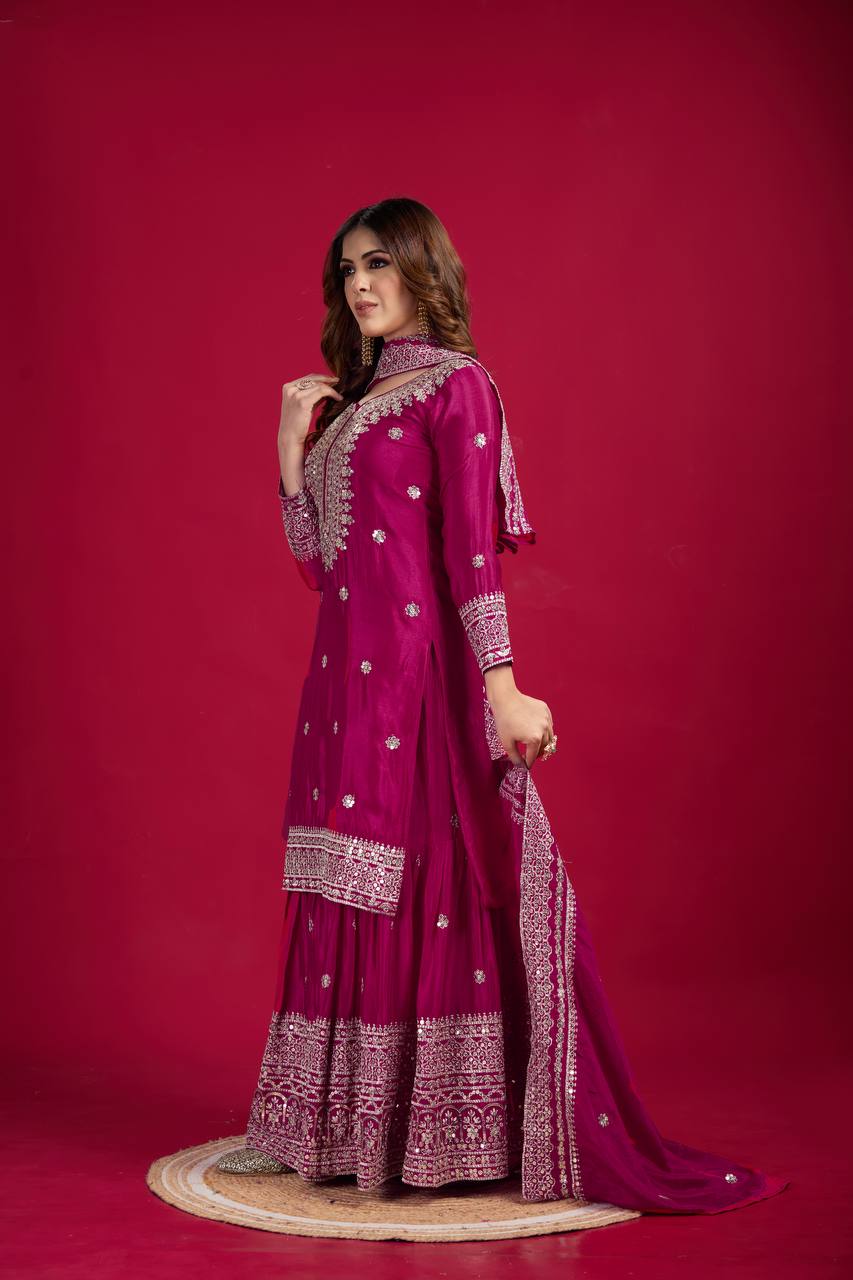 Pink Chinnon Silk With Heavy Embroidery Sequence Work Top-Plazo And Dupatta Set