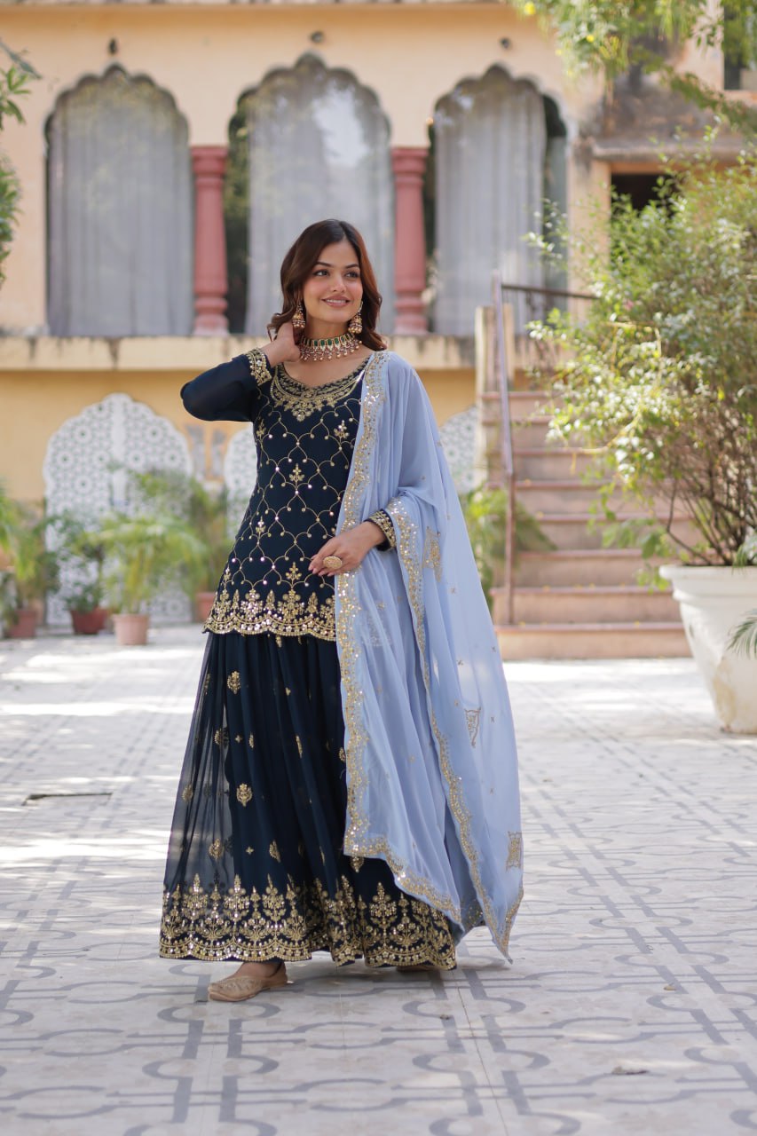 Faux Blooming Embroidered Work Firozi Blue Kurti And Plazzo Suit