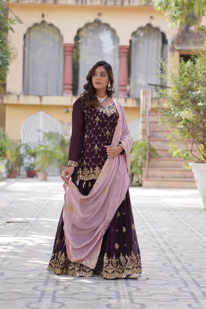 Faux Blooming Embroidered Work Wine Colour Kurti And Plazzo Suit