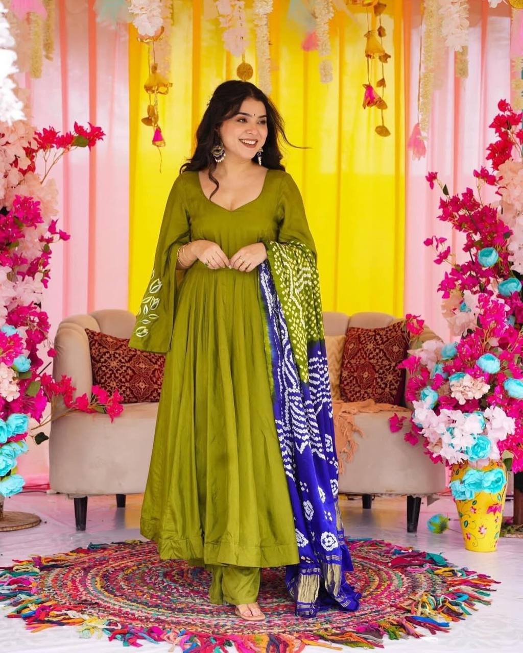 Green Chinon Silk Anarkali Suit Set With Beautiful Bandhani Print Dupatta